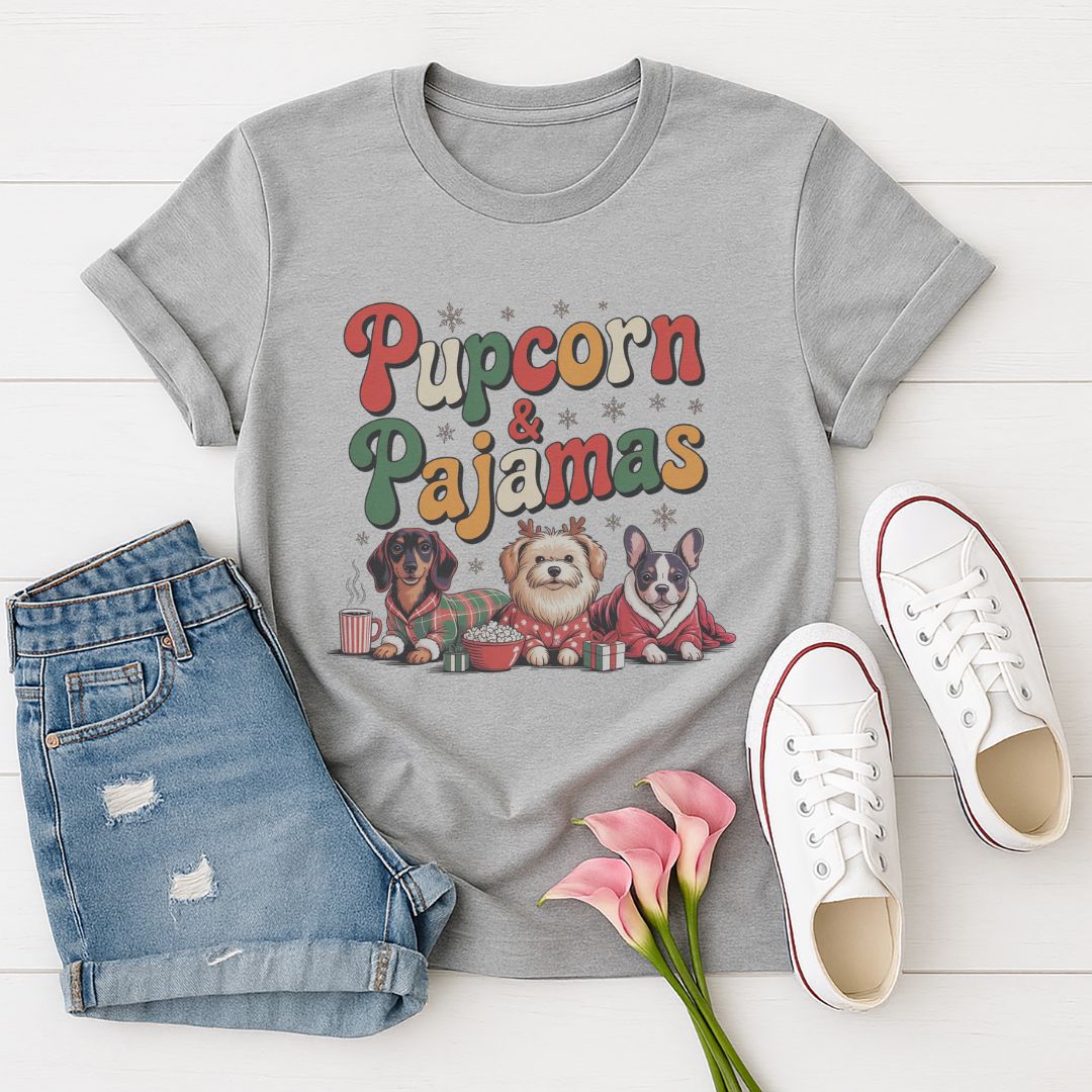 Sport Gray Gildan 6400 unisex t-shirt with retro dog graphic and ‘Pupcorn & Pajamas' text, perfect for dog lovers.