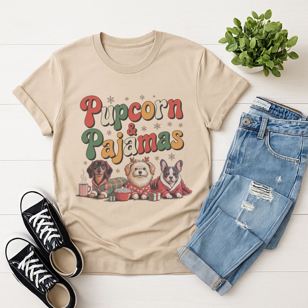 Sand Beige Gildan 6400 unisex t-shirt with retro dog graphic and ‘Pupcorn & Pajamas' text, perfect for dog lovers.