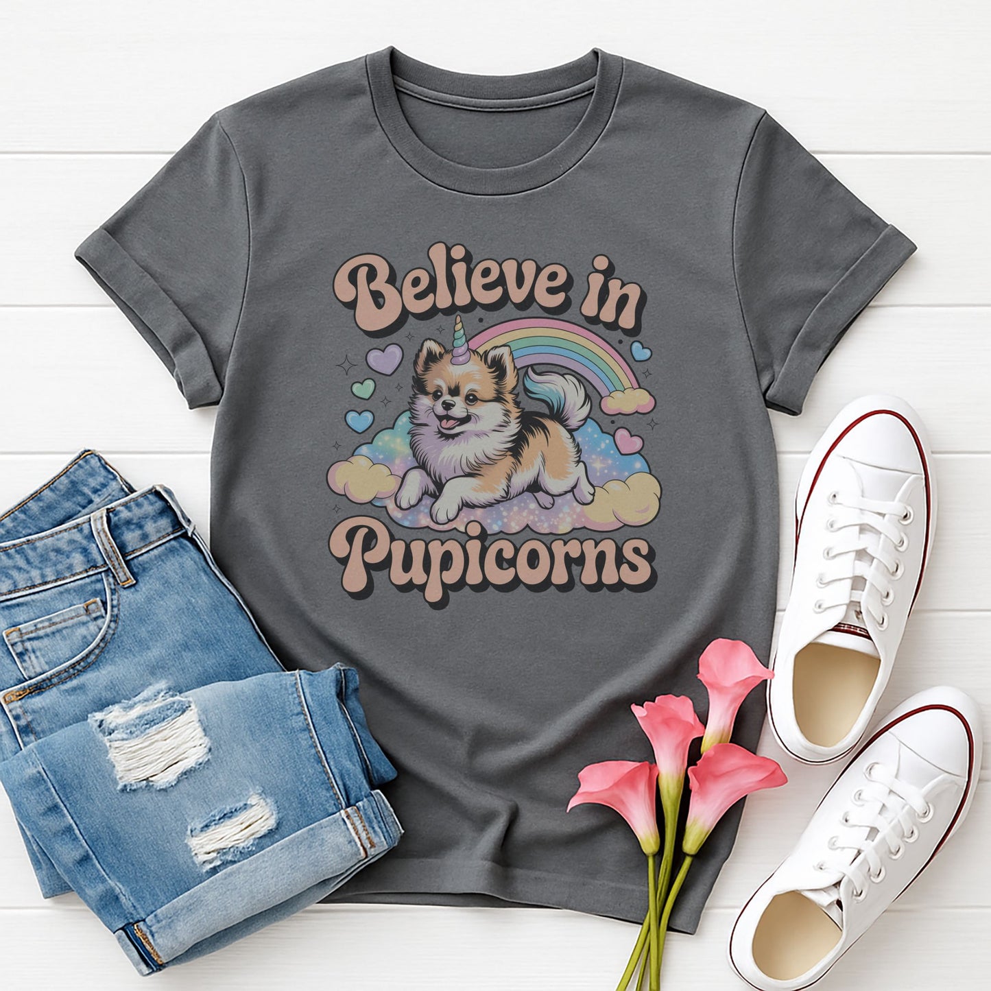 Sport Gray Gildan 6400 unisex t-shirt with retro dog graphic and ‘Believe in Pupicorns’ text, perfect for dog lovers.