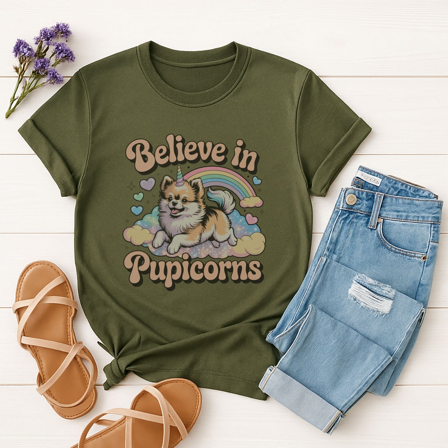 Military Green Gildan 6400 unisex t-shirt with retro dog graphic and ‘Believe in Pupicorns’ text, perfect for dog lovers.