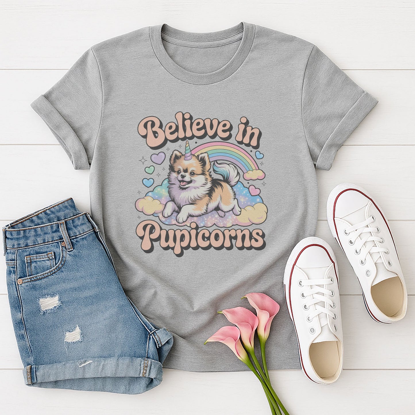 Sport Gray Gildan 6400 unisex t-shirt with retro dog graphic and ‘Believe in Pupicorns’ text, perfect for dog lovers.