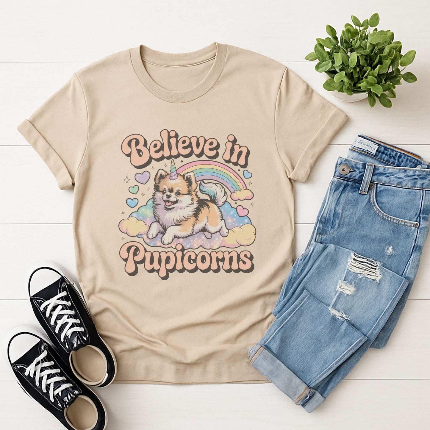 Sand Beige Gildan 6400 unisex t-shirt with retro dog graphic and ‘Believe in Pupicorns’ text, perfect for dog lovers.