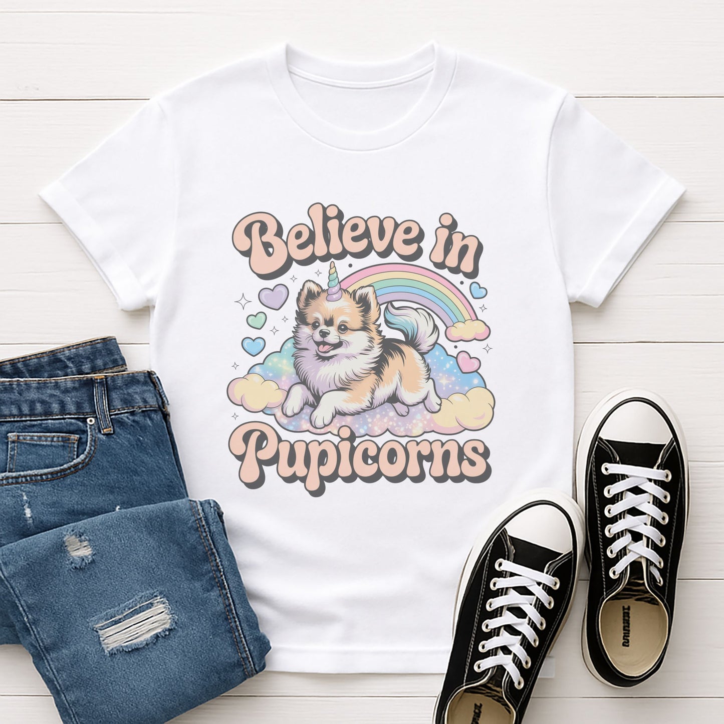 White Gildan 6400 unisex t-shirt with retro dog graphic and ‘Believe in Pupicorns’ text, perfect for dog lovers.