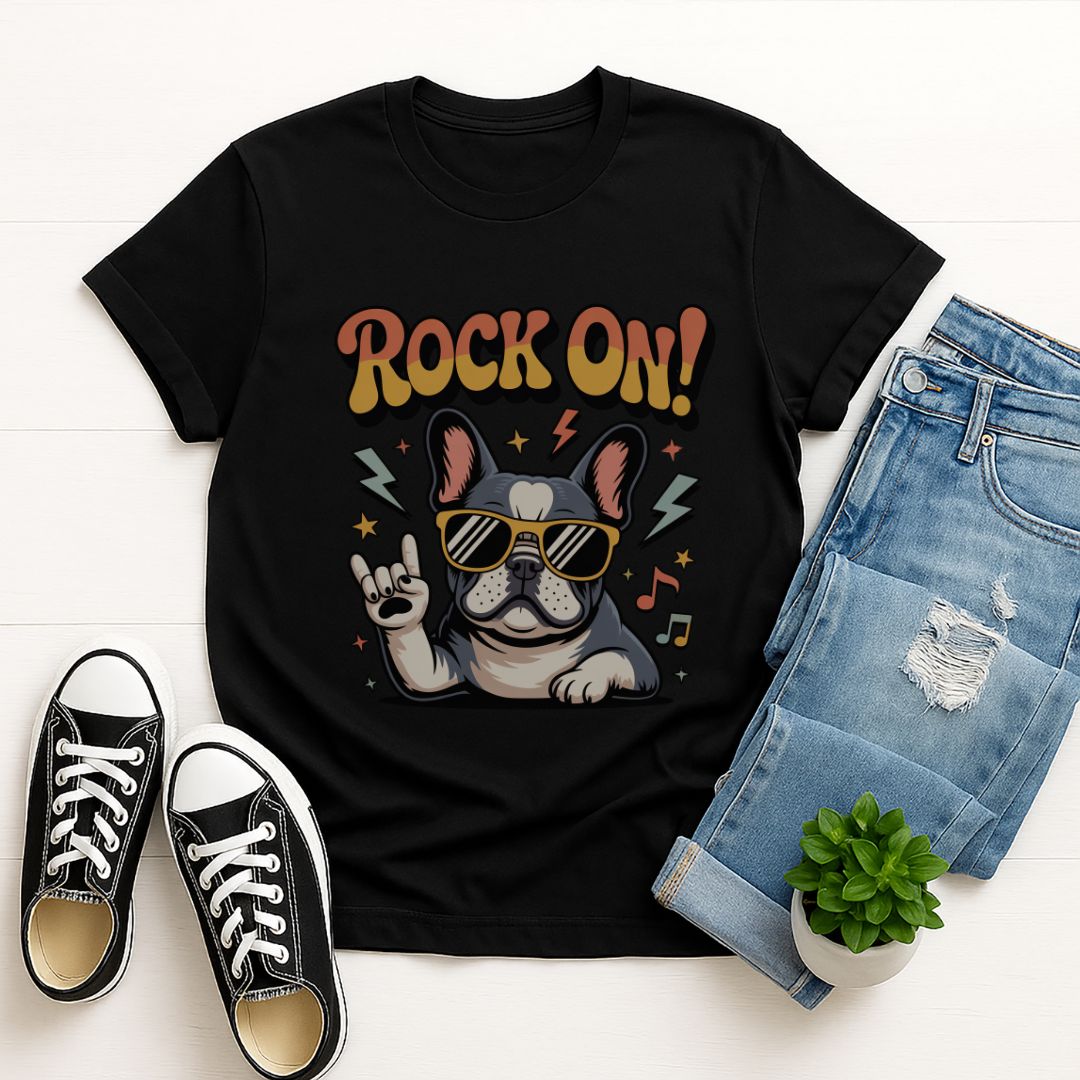 Black Gildan 6400 unisex t-shirt with retro dog graphic and ‘Rock On!' text, perfect for dog lovers.
