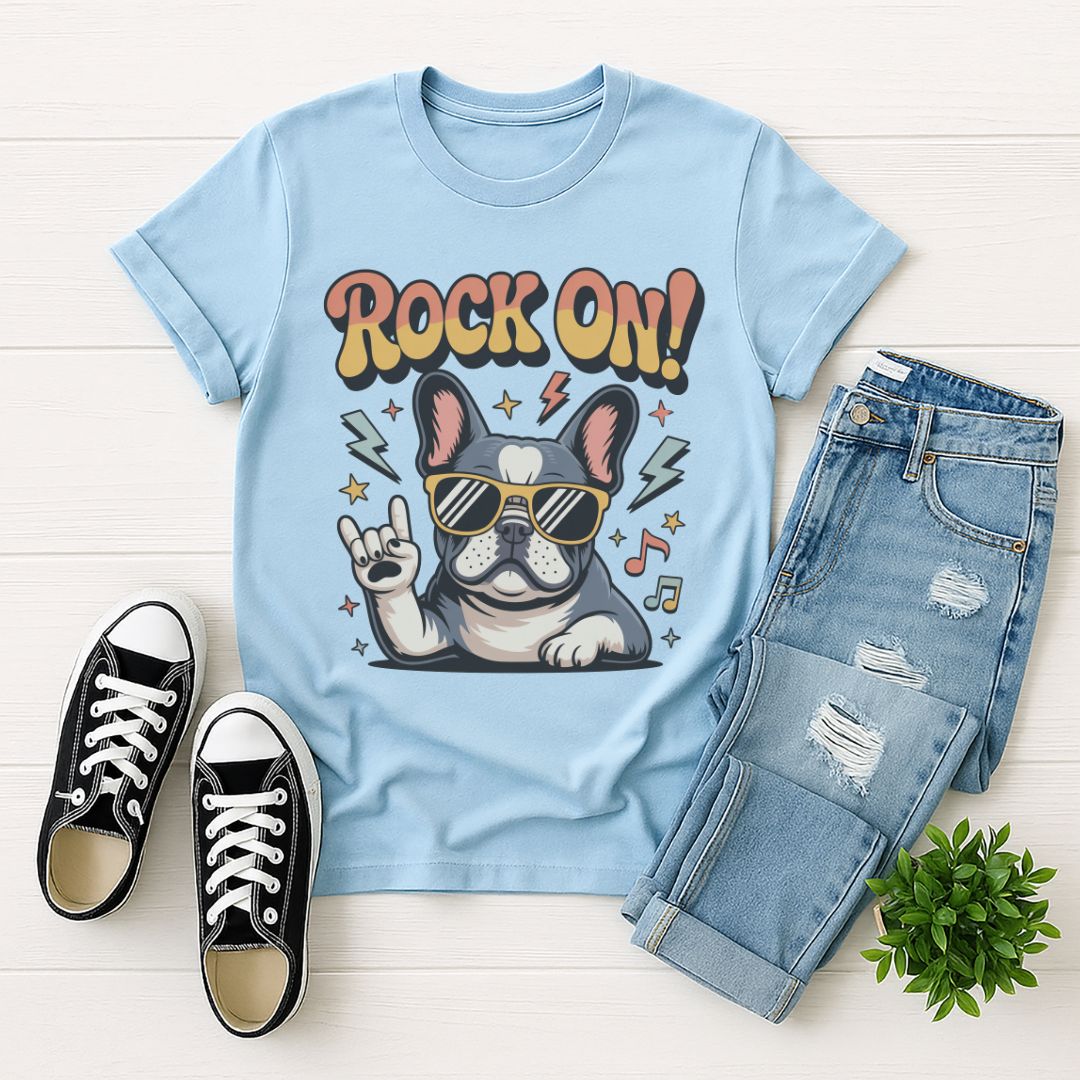 Light blue Gildan 6400 unisex t-shirt with retro dog graphic and ‘Rock On!' text, perfect for dog lovers.
