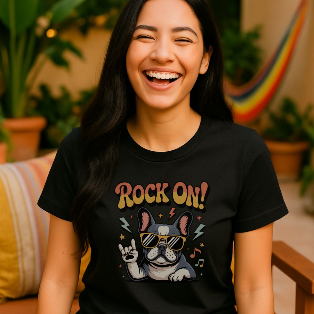 Black unisex t-shirt with retro dog graphic and ‘Rock On!' text, perfect for dog lovers.