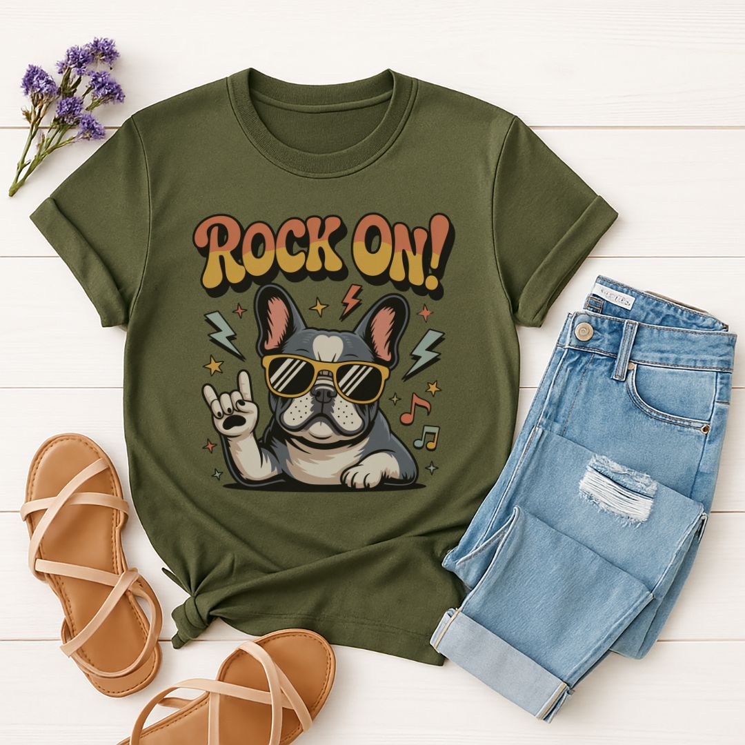 Military Green Gildan 6400 unisex t-shirt with retro dog graphic and ‘Rock On!' text, perfect for dog lovers.