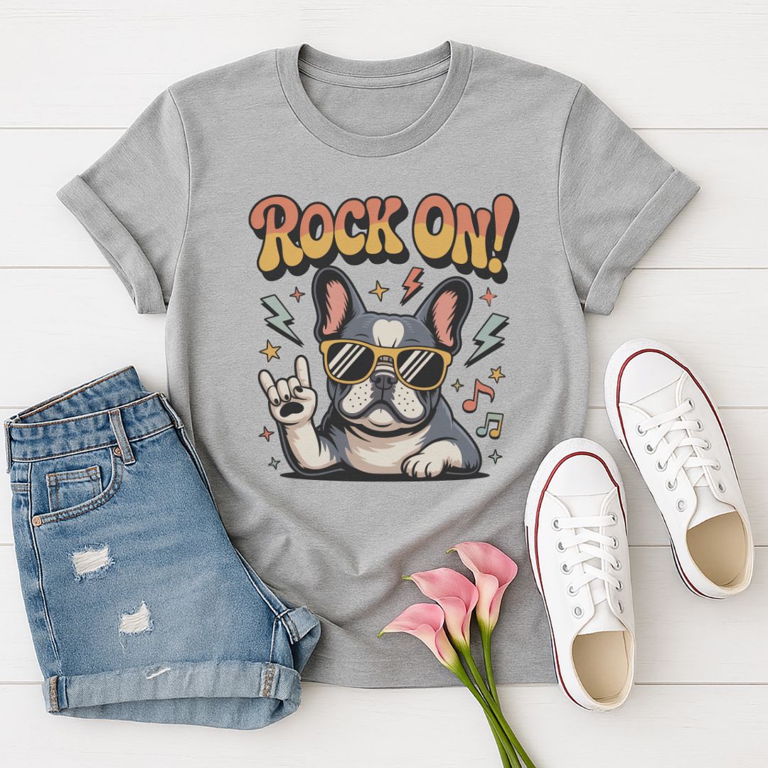 Sport Gray Gildan 6400 unisex t-shirt with retro dog graphic and ‘Rock On!' text, perfect for dog lovers.