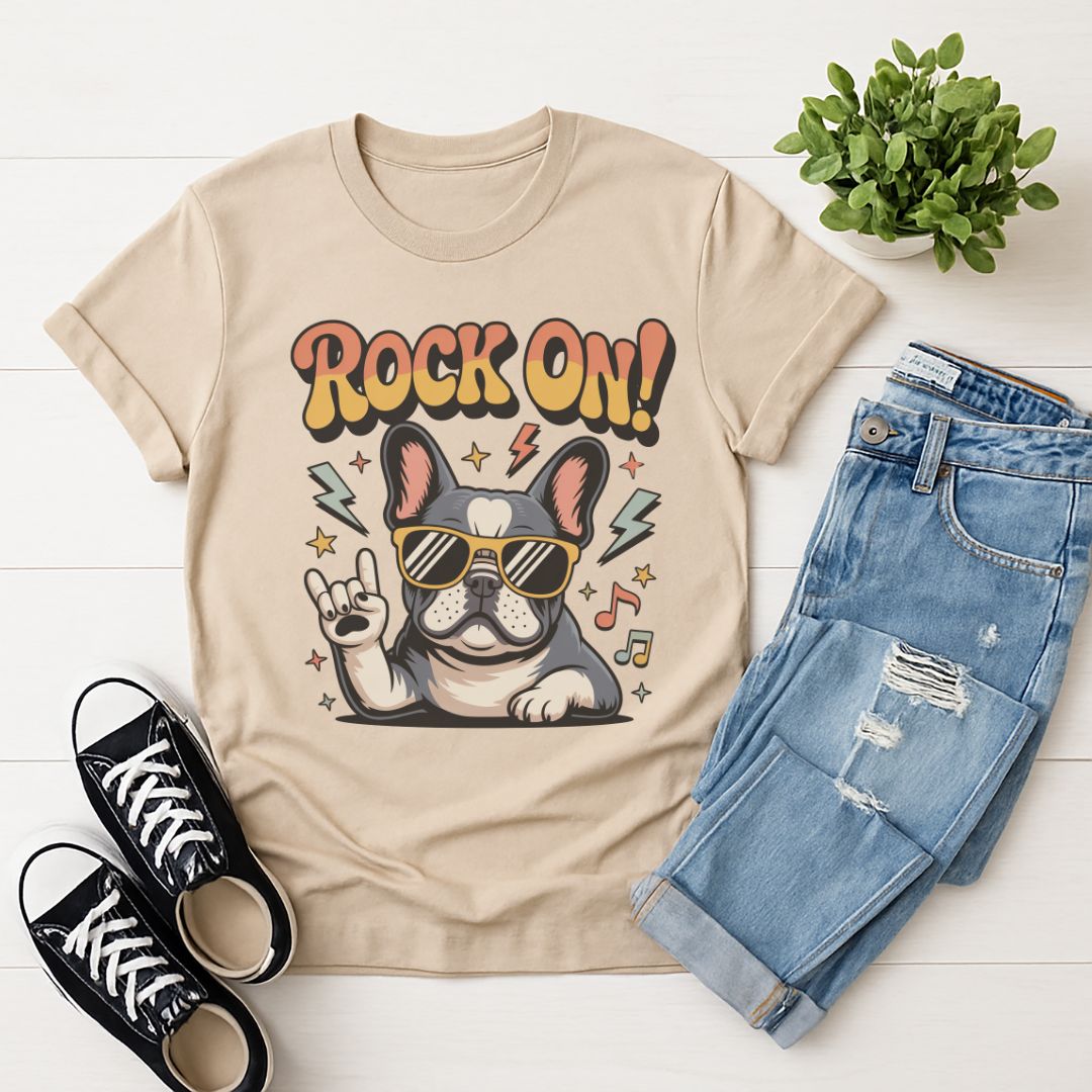 Sand Beige Gildan 6400 unisex t-shirt with retro dog graphic and ‘Rock On!' text, perfect for dog lovers.