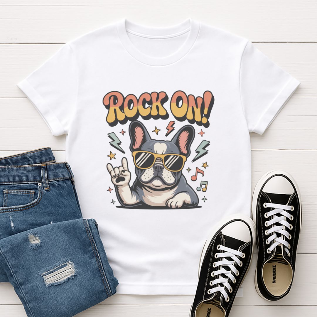White Gildan 6400 unisex t-shirt with retro dog graphic and ‘Rock On!' text, perfect for dog lovers.
