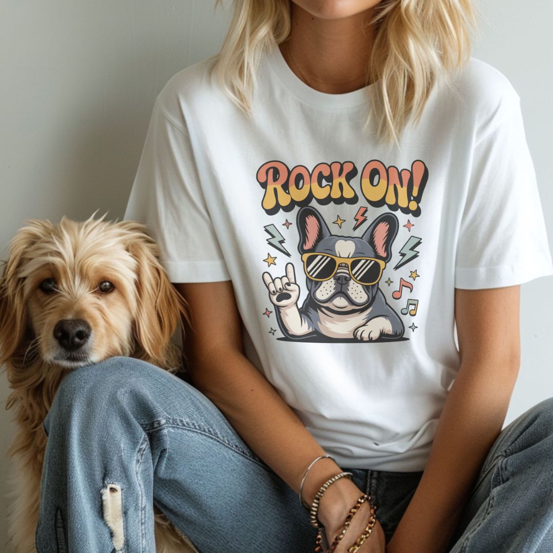 White unisex t-shirt with retro dog graphic and ‘Rock On!' text, perfect for dog lovers.
