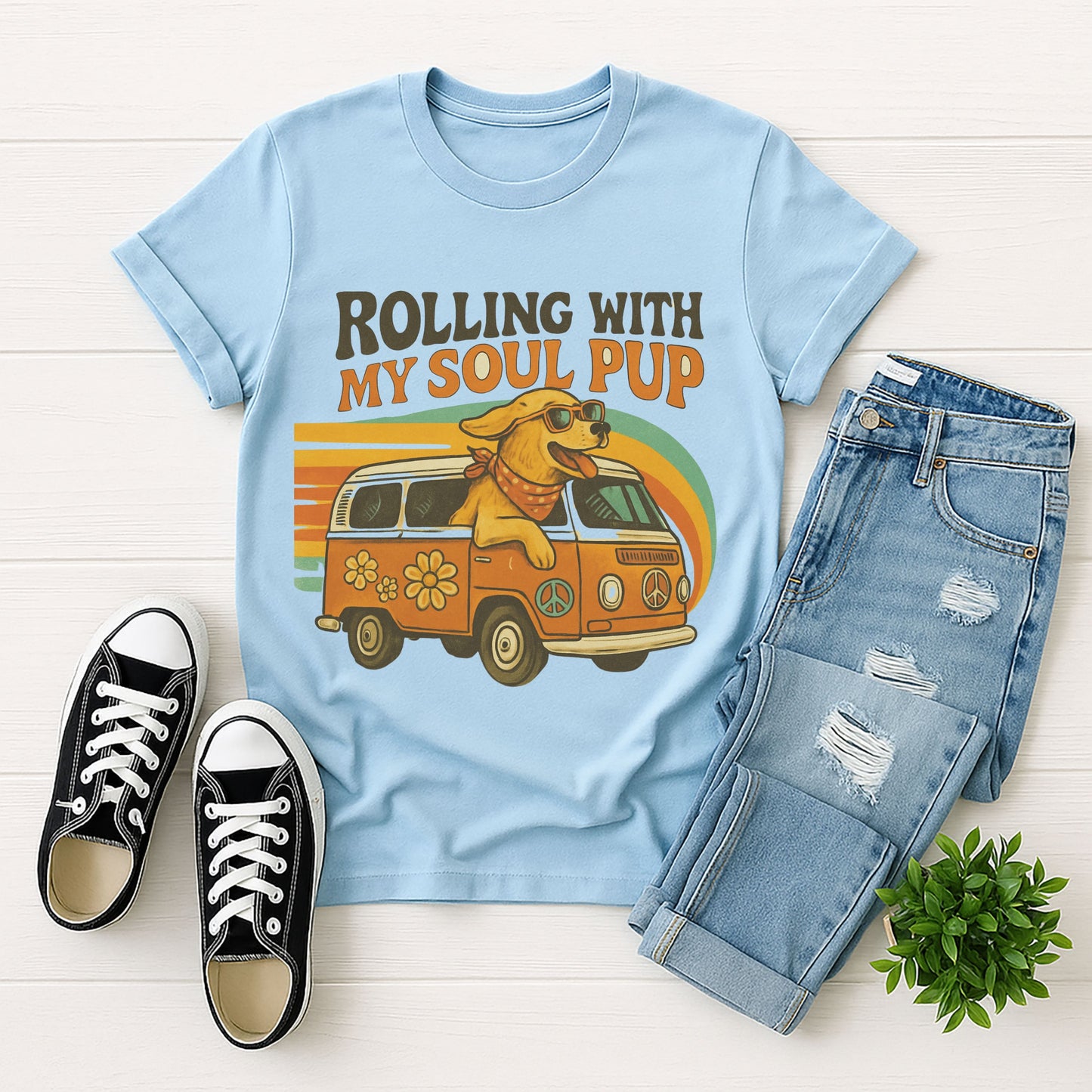 Light Blue Gildan 6400 unisex t-shirt with retro dog graphic and ‘Rolling With My Soul Pup’ text, perfect for dog lovers.