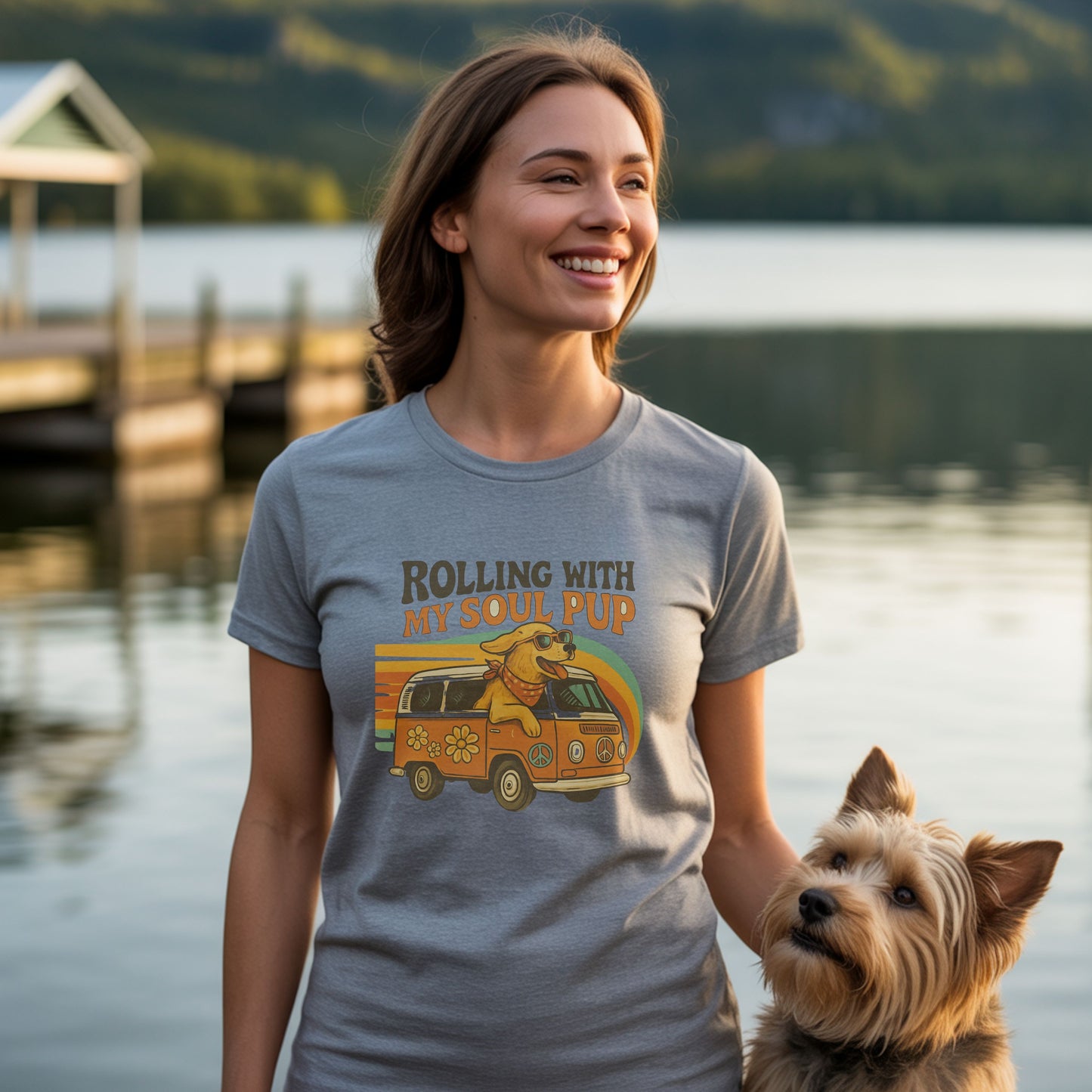 Sport Gray unisex t-shirt with retro dog graphic and ‘Rolling With My Soul Pup’ text, perfect for dog lovers.