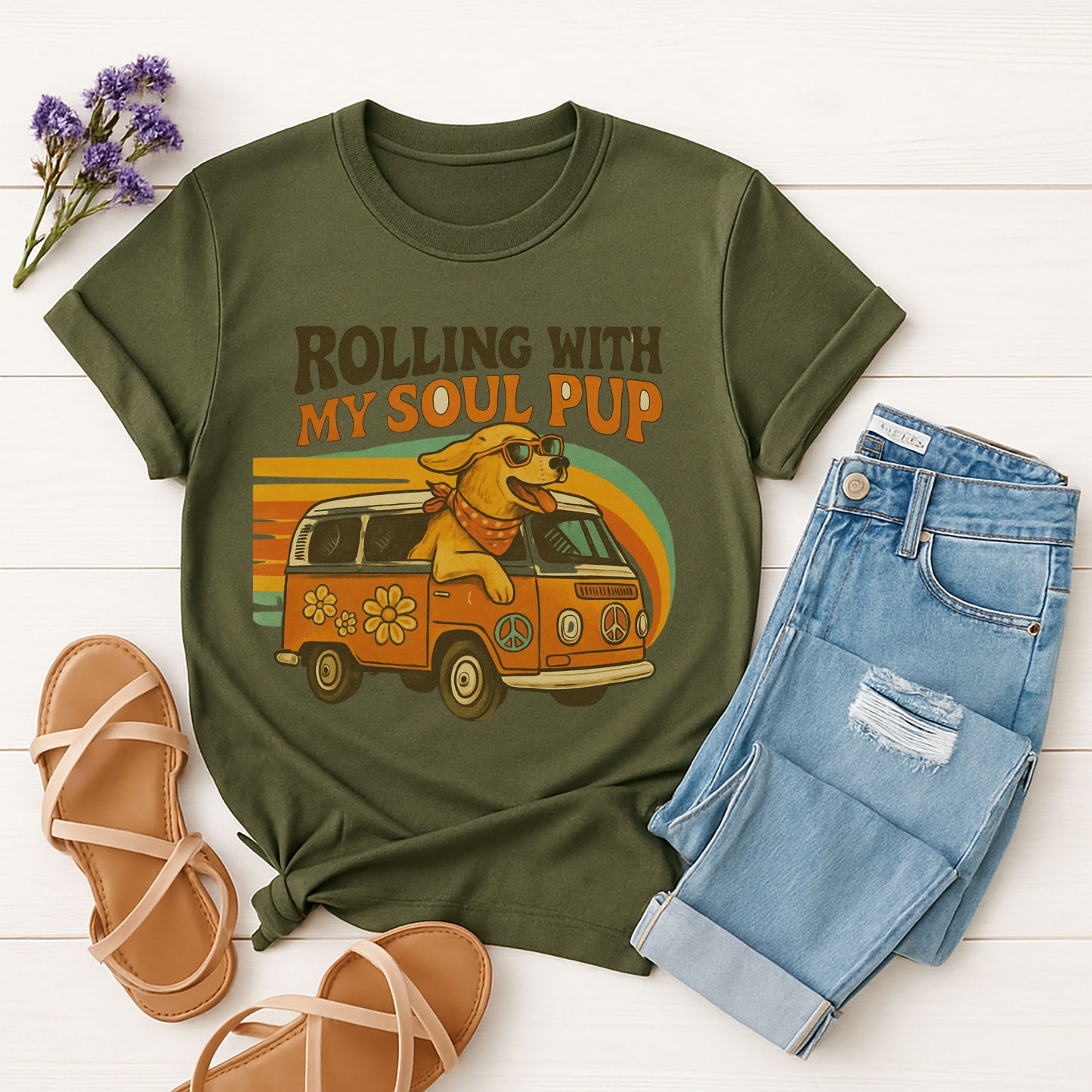 Military Green Gildan 6400 unisex t-shirt with retro dog graphic and ‘Rolling With My Soul Pup’ text, perfect for dog lovers.