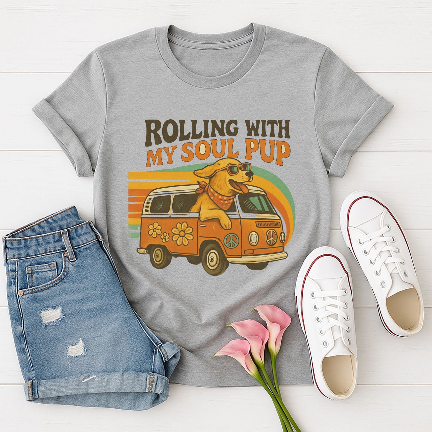 Sport Gray Gildan 6400 unisex t-shirt with retro dog graphic and ‘Rolling With My Soul Pup’ text, perfect for dog lovers.