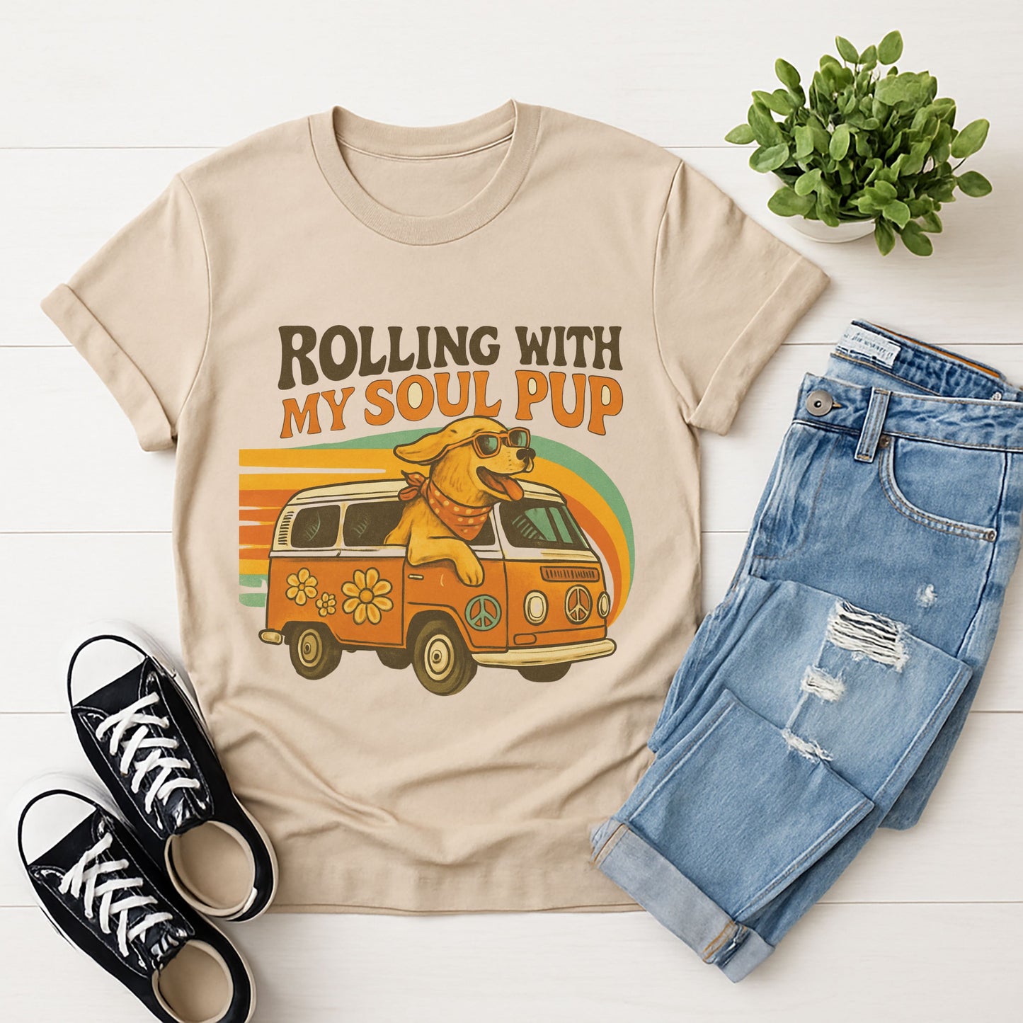 Sand Beige Gildan 6400 unisex t-shirt with retro dog graphic and ‘Rolling With My Soul Pup’ text, perfect for dog lovers.