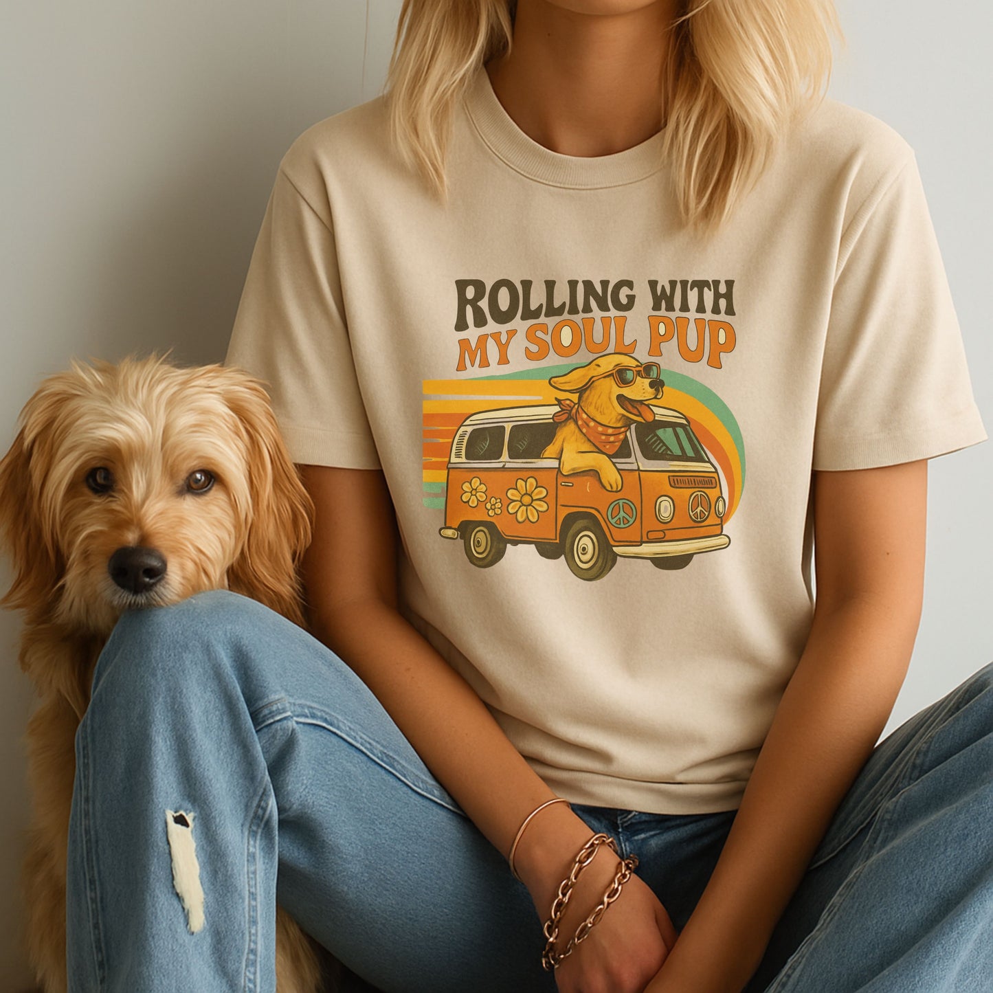 Sand Beige Gildan 6400 unisex t-shirt with retro dog graphic and ‘Rolling With My Soul Pup’ text, perfect for dog lovers.