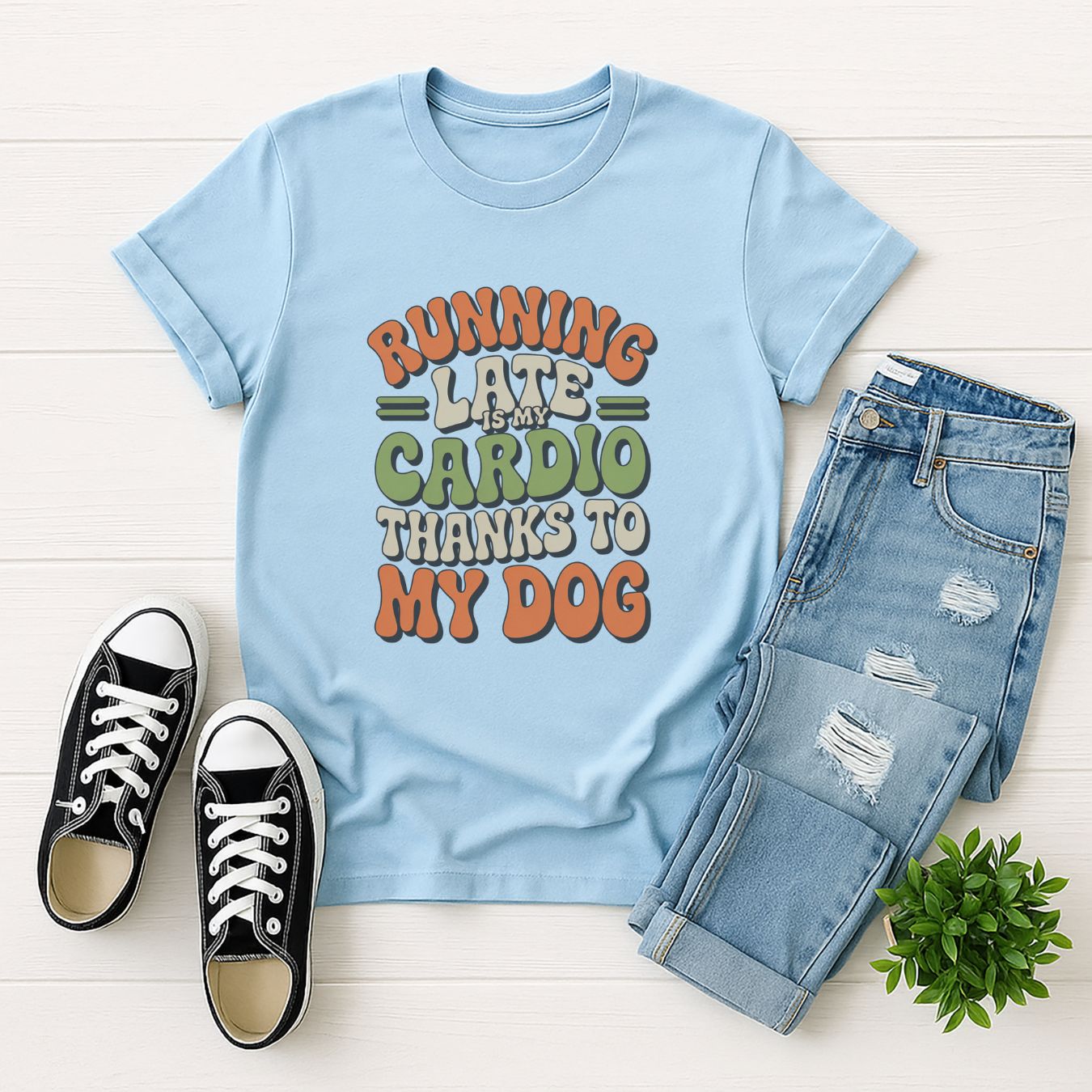 Light Blue Gildan 6400 unisex t-shirt with retro dog graphic and ‘Running Late Is My Cardio Thanks To My Dog’ text, perfect for dog lovers.