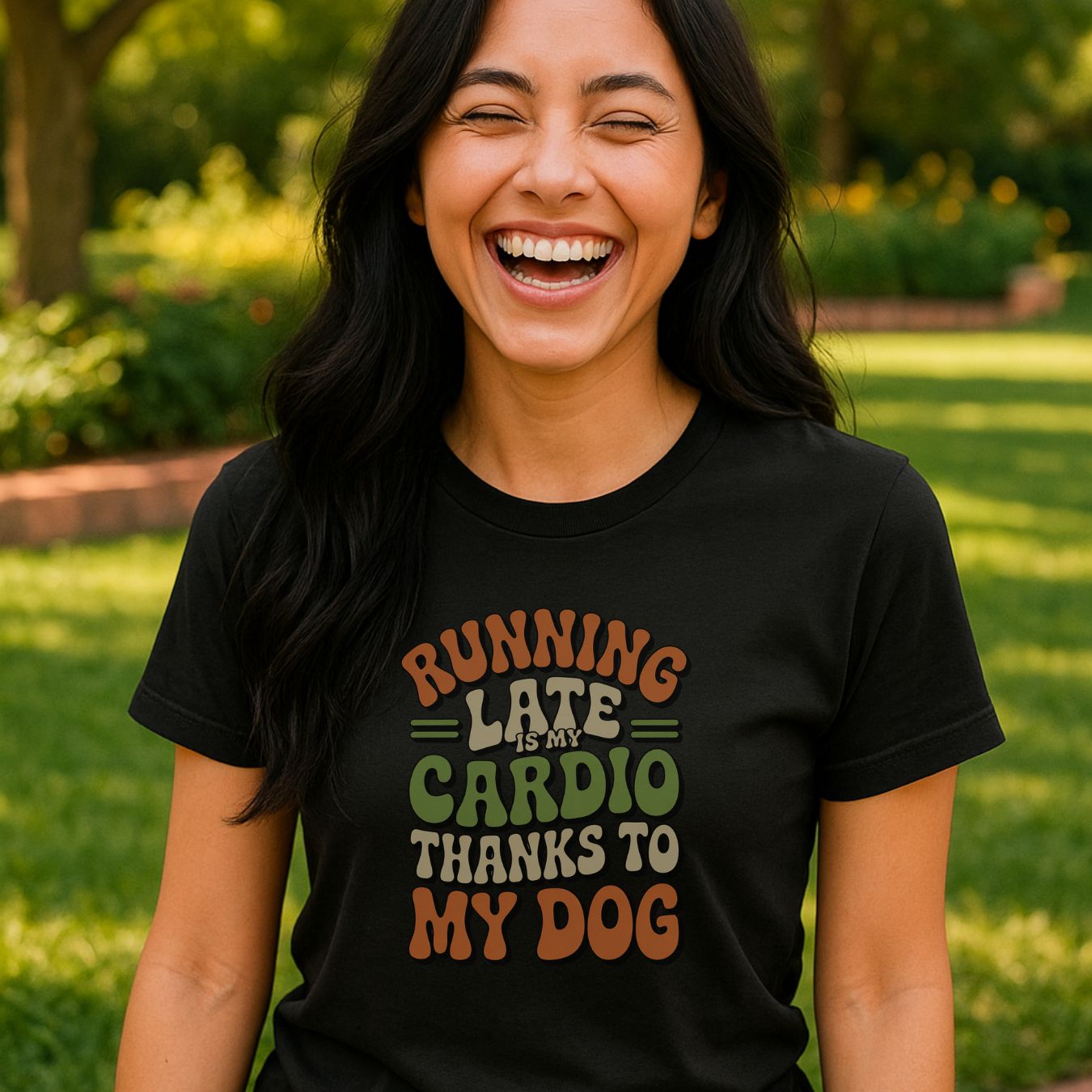 Black unisex t-shirt with retro dog graphic and ‘Running Late Is My Cardio Thanks To My Dog’ text, perfect for dog lovers.