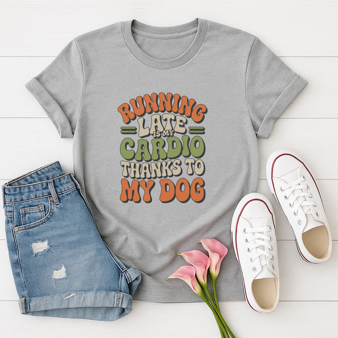 Sport Gray Gildan 6400 unisex t-shirt with retro dog graphic and ‘Running Late Is My Cardio Thanks To My Dog’ text, perfect for dog lovers.
