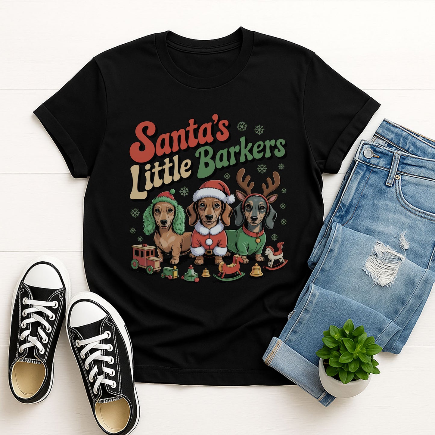Black Gildan 6400 unisex t-shirt with retro dog graphic and ‘Santa's Little Barkers' text, perfect for dog lovers.