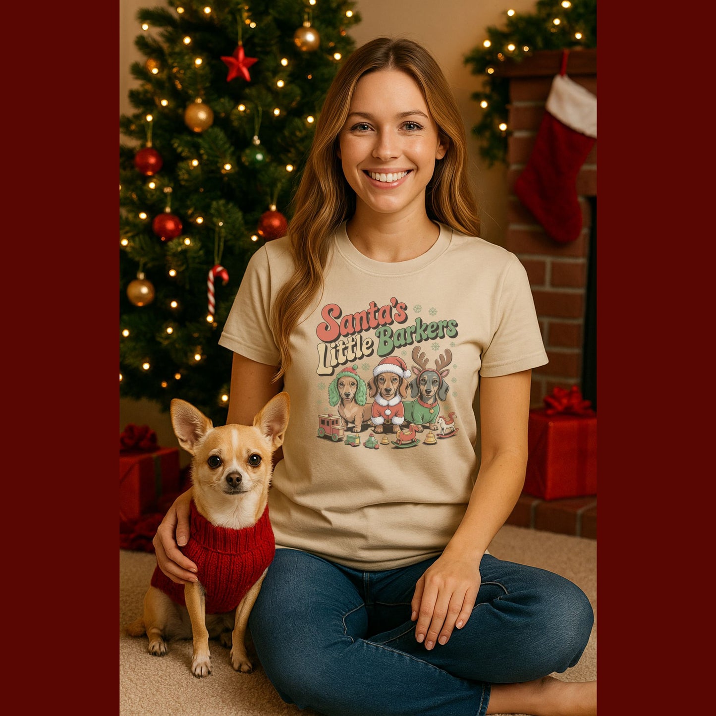 Unisex t-shirt with retro dog graphic and ‘Santa's Little Barkers' text, perfect for dog lovers.