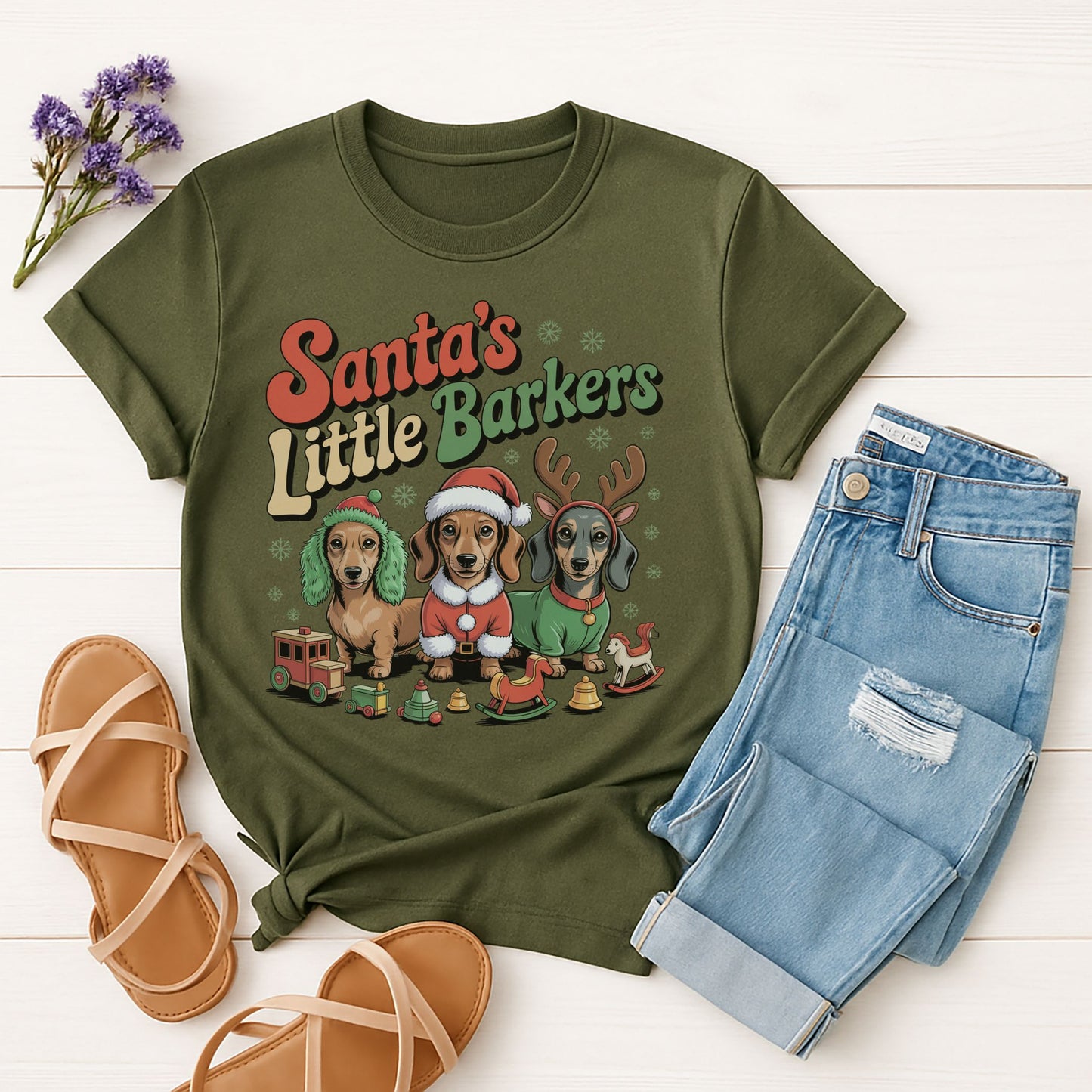 Military Green Gildan 6400 unisex t-shirt with retro dog graphic and ‘Santa's Little Barkers' text, perfect for dog lovers.