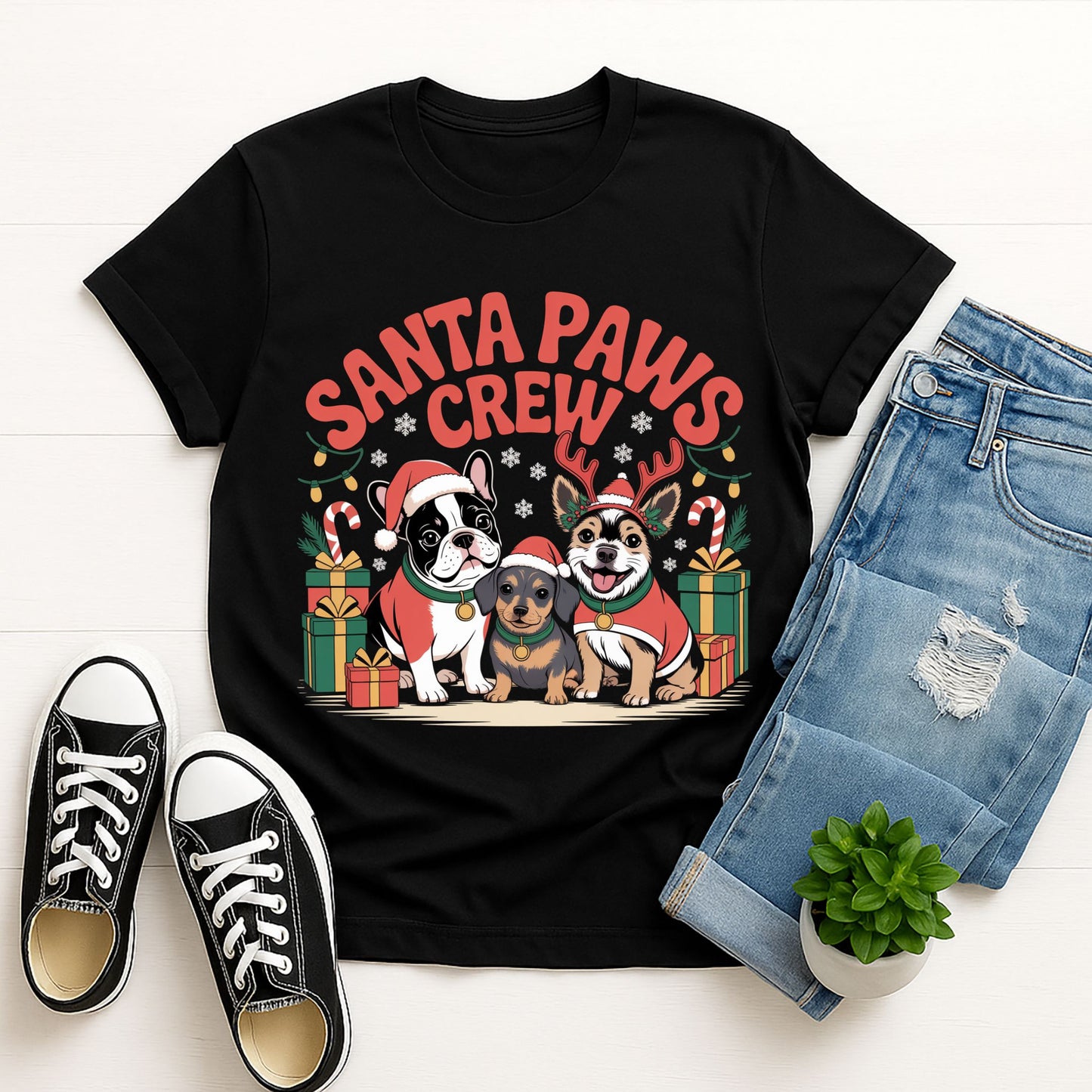 Black Gildan 6400 unisex t-shirt with retro dog graphic and ‘Santa Paws Crew’ text, perfect for dog lovers.