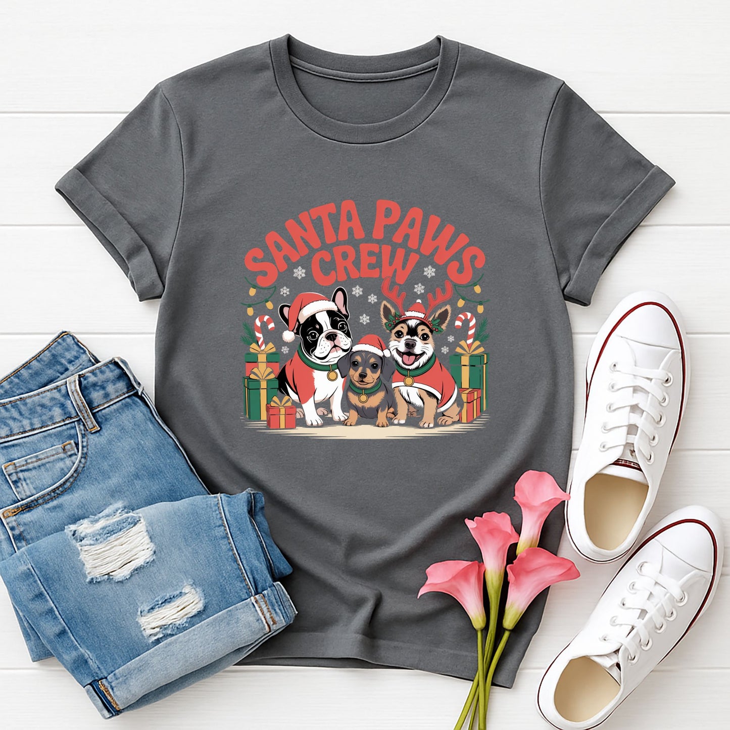Charcoal Gray Gildan 6400 unisex t-shirt with retro dog graphic and ‘Santa Paws Crew’ text, perfect for dog lovers.
