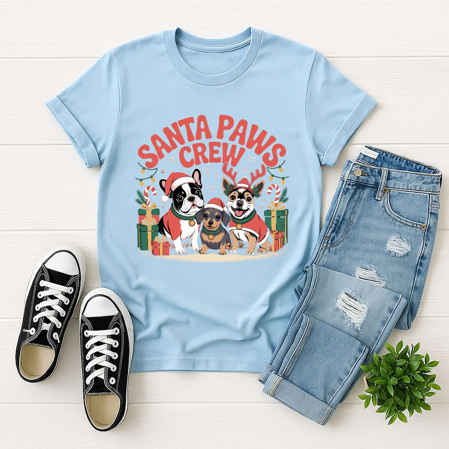 Light Blue Gildan 6400 unisex t-shirt with retro dog graphic and ‘Santa Paws Crew’ text, perfect for dog lovers.