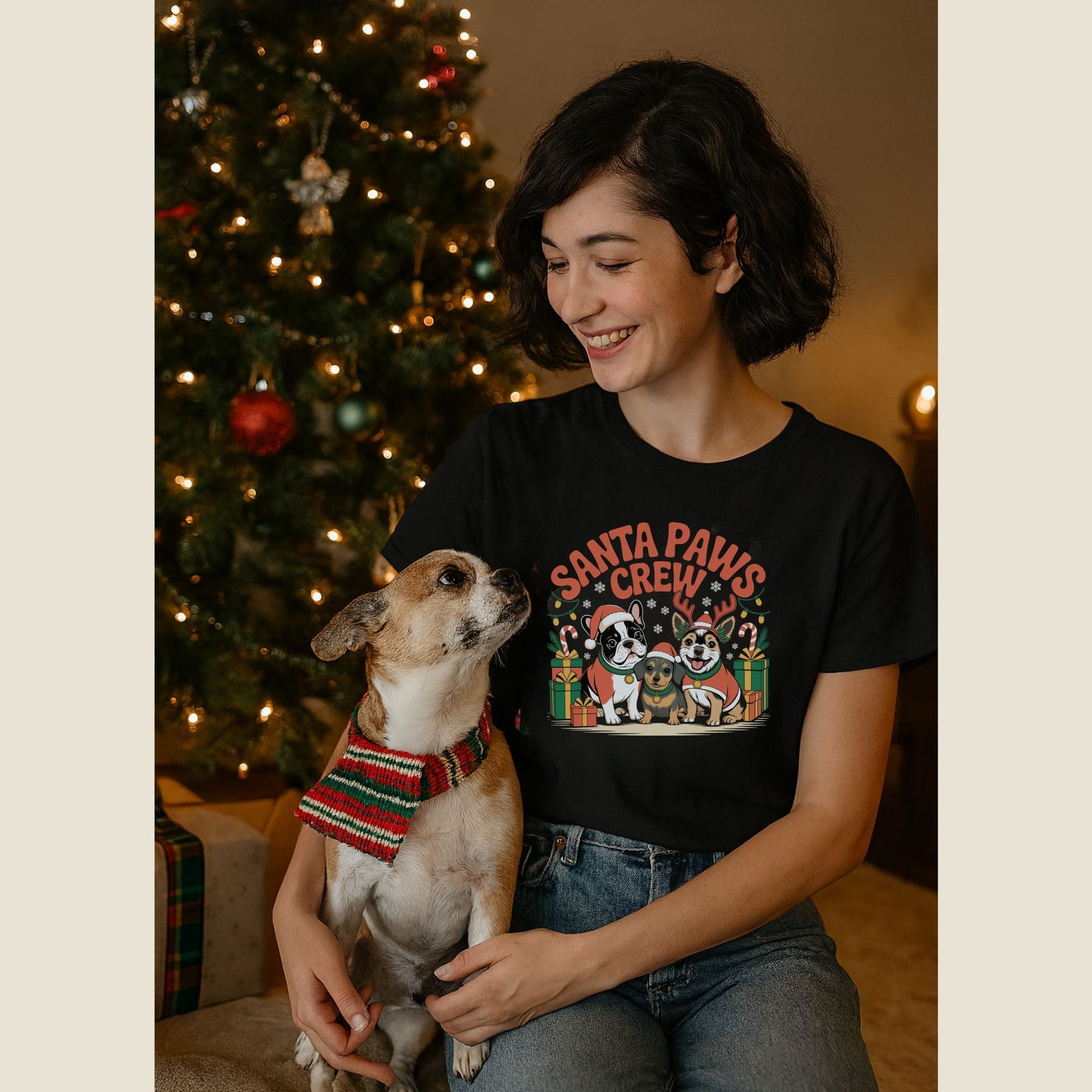 Black unisex t-shirt with retro dog graphic and ‘Santa Paws Crew’ text, perfect for dog lovers.