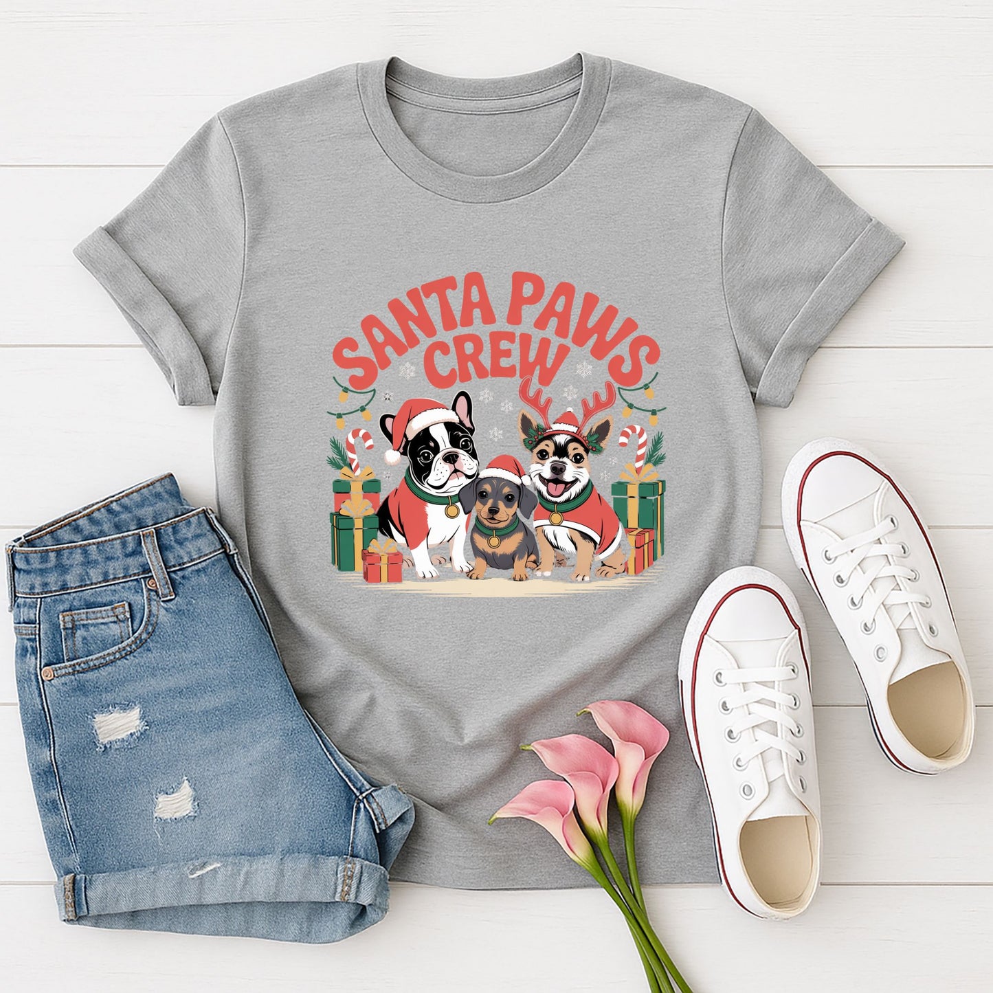 Sport Gray Gildan 6400 unisex t-shirt with retro dog graphic and ‘Santa Paws Crew’ text, perfect for dog lovers.