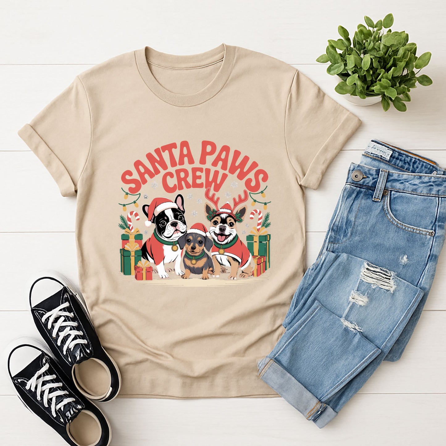 Sand beige Gildan 6400 unisex t-shirt with retro dog graphic and ‘Santa Paws Crew’ text, perfect for dog lovers.