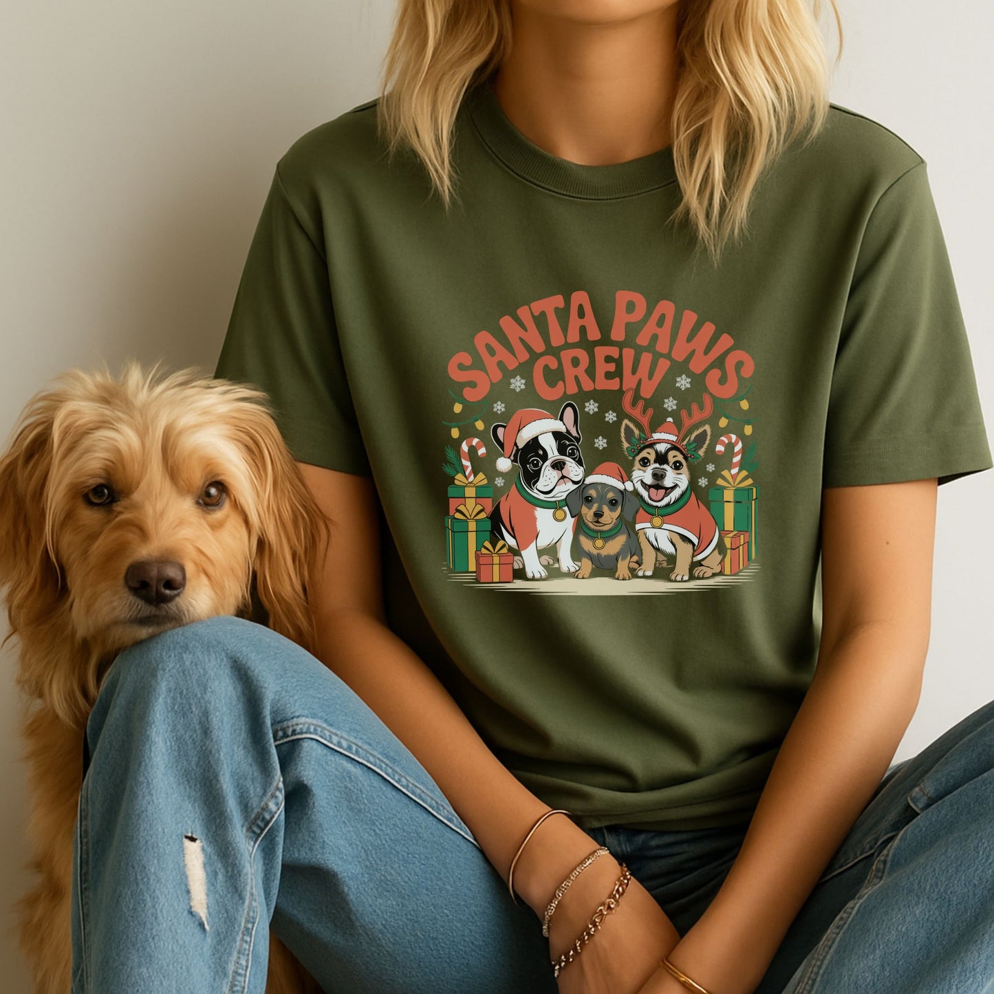 Military Green Gildan 6400 unisex t-shirt with retro dog graphic and ‘Santa Paws Crew’ text, perfect for dog lovers.