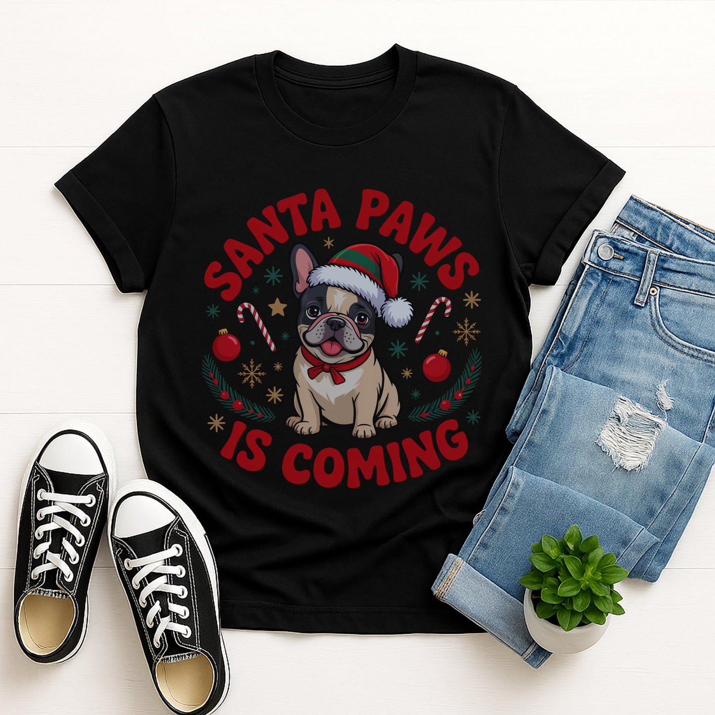Black Gildan 6400 unisex t-shirt with retro dog graphic and ‘Santa Paws Is Coming’ text, perfect for dog lovers.