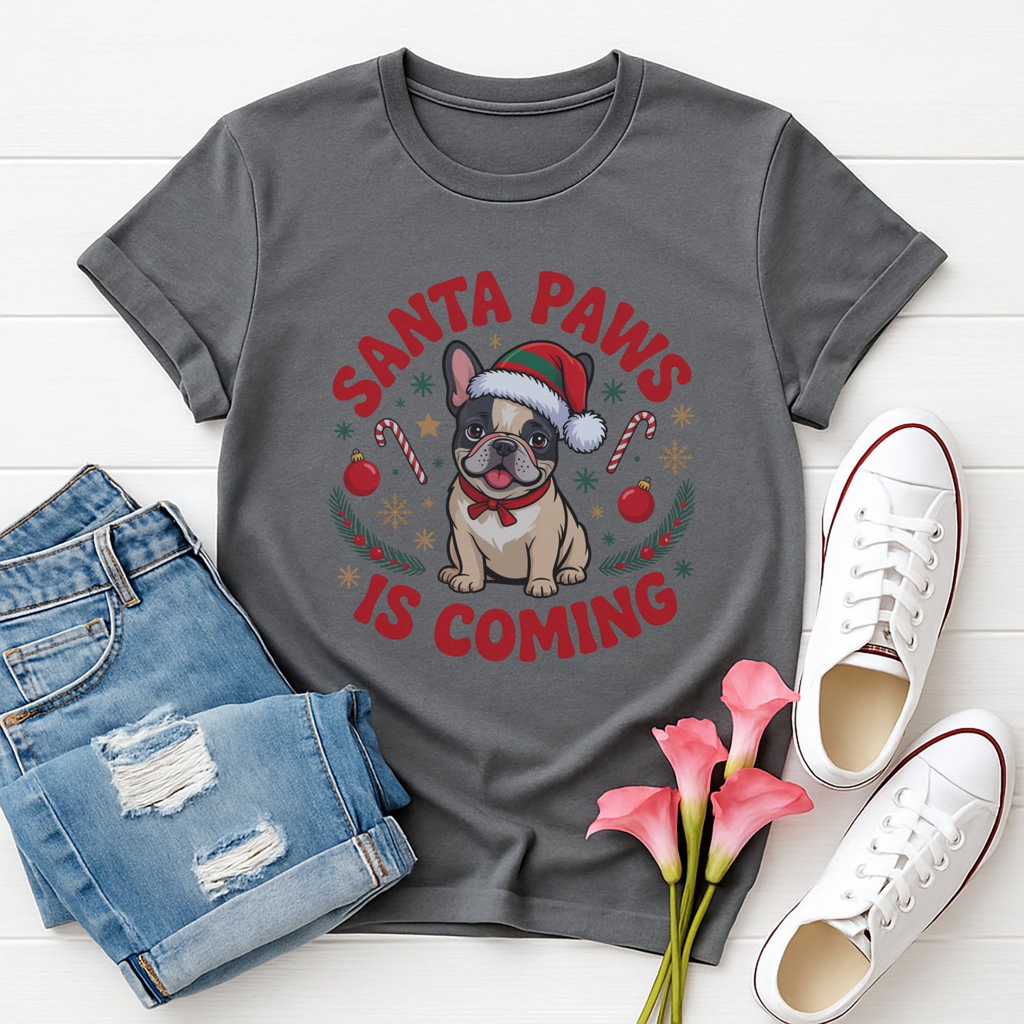 Charcoal Gray Gildan 6400 unisex t-shirt with retro dog graphic and ‘Santa Paws Is Coming’ text, perfect for dog lovers.