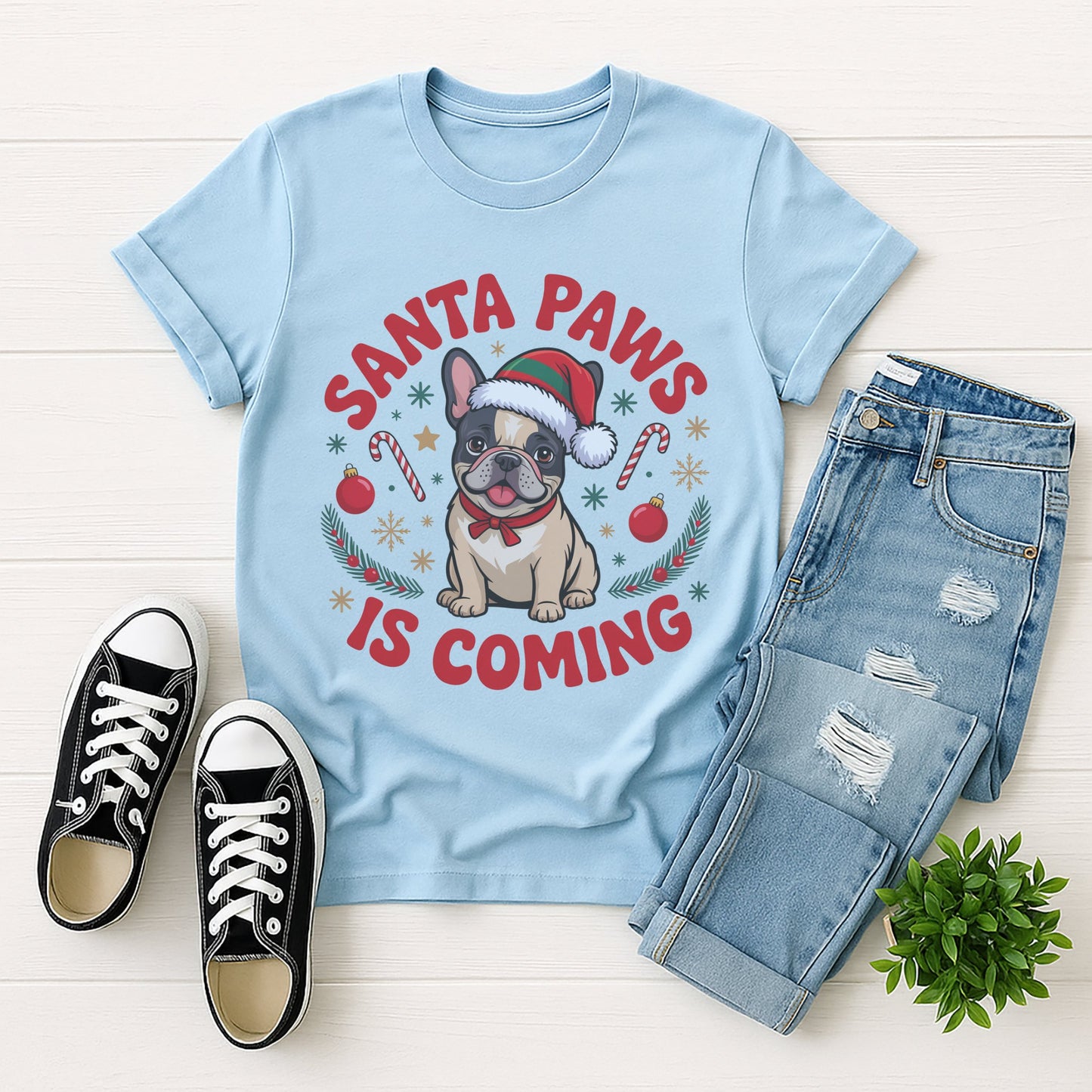 Light Blue Gildan 6400 unisex t-shirt with retro dog graphic and ‘Santa Paws Is Coming’ text, perfect for dog lovers.