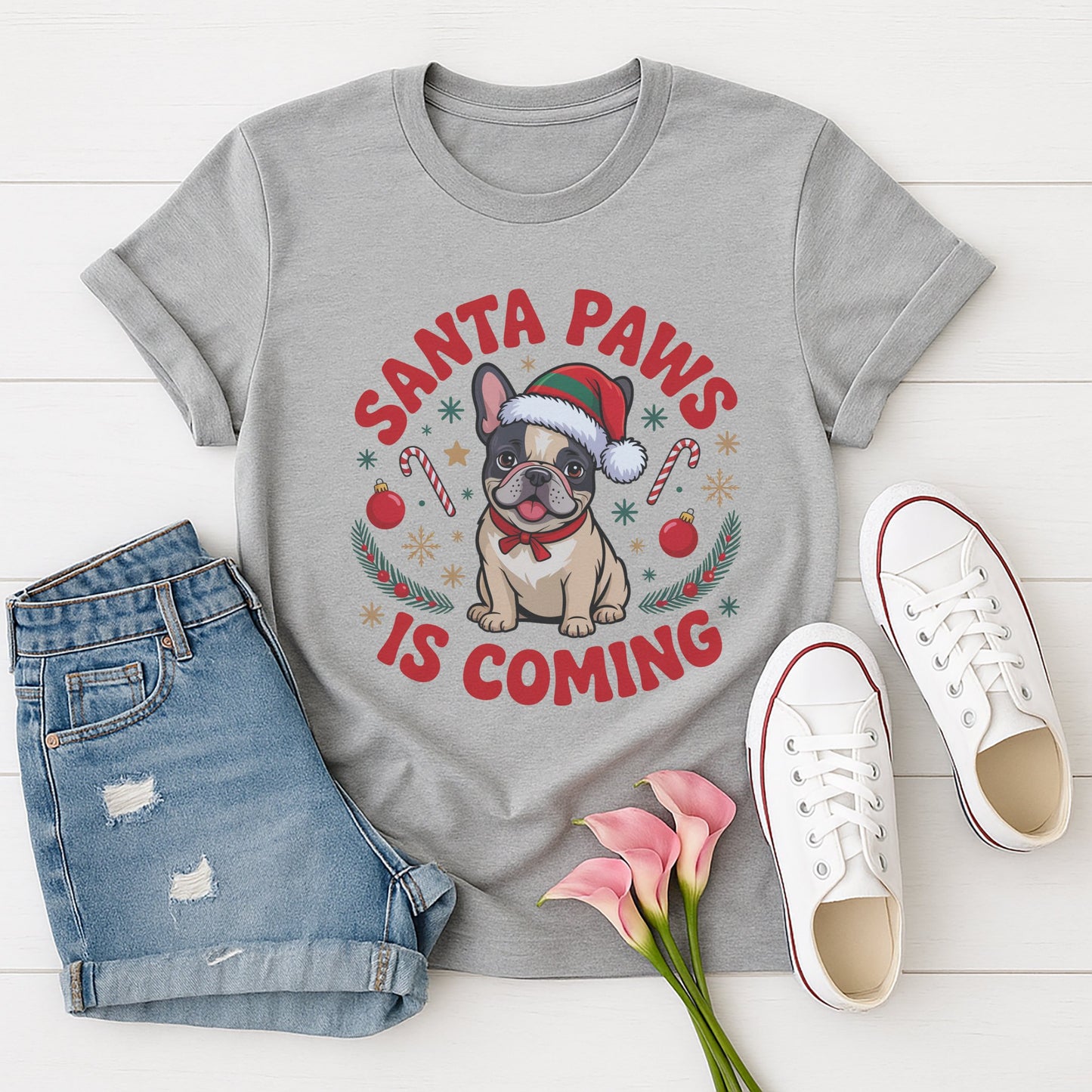 Sport Gray Gildan 6400 unisex t-shirt with retro dog graphic and ‘Santa Paws Is Coming’ text, perfect for dog lovers.