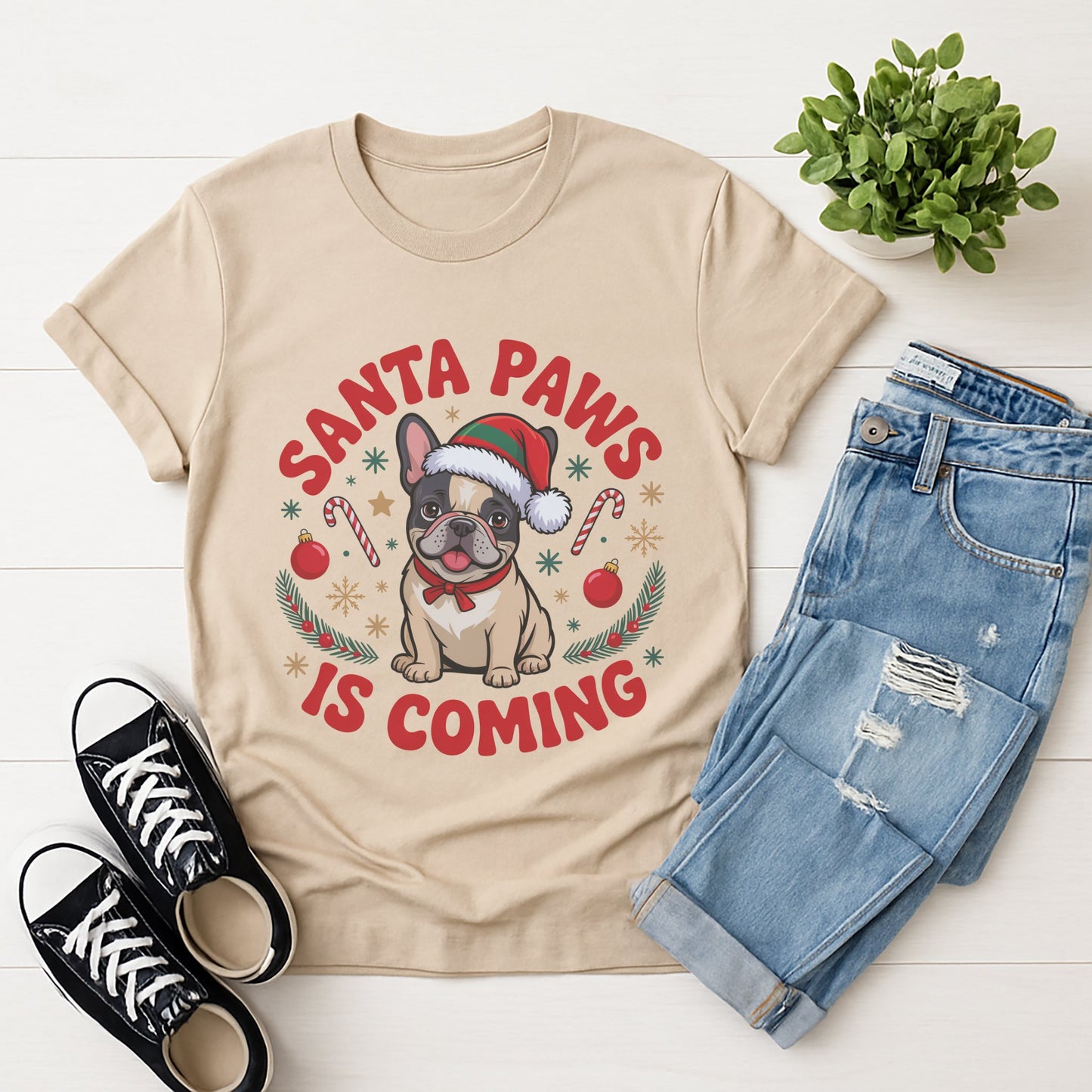 Sand Beige Gildan 6400 unisex t-shirt with retro dog graphic and ‘Santa Paws Is Coming’ text, perfect for dog lovers.