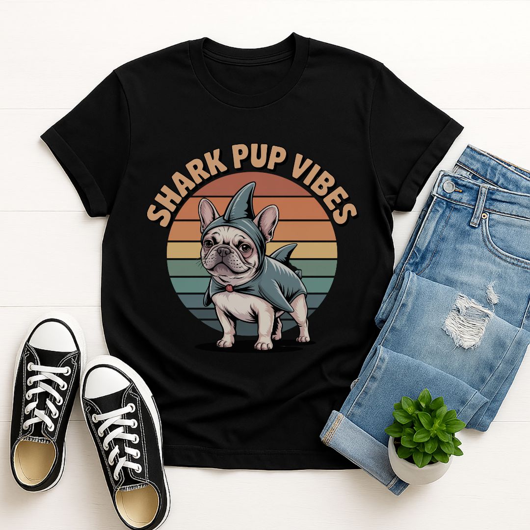 Black Gildan 6400 unisex t-shirt with retro dog graphic and ‘Shark Pup Vibes’ text, perfect for dog lovers.