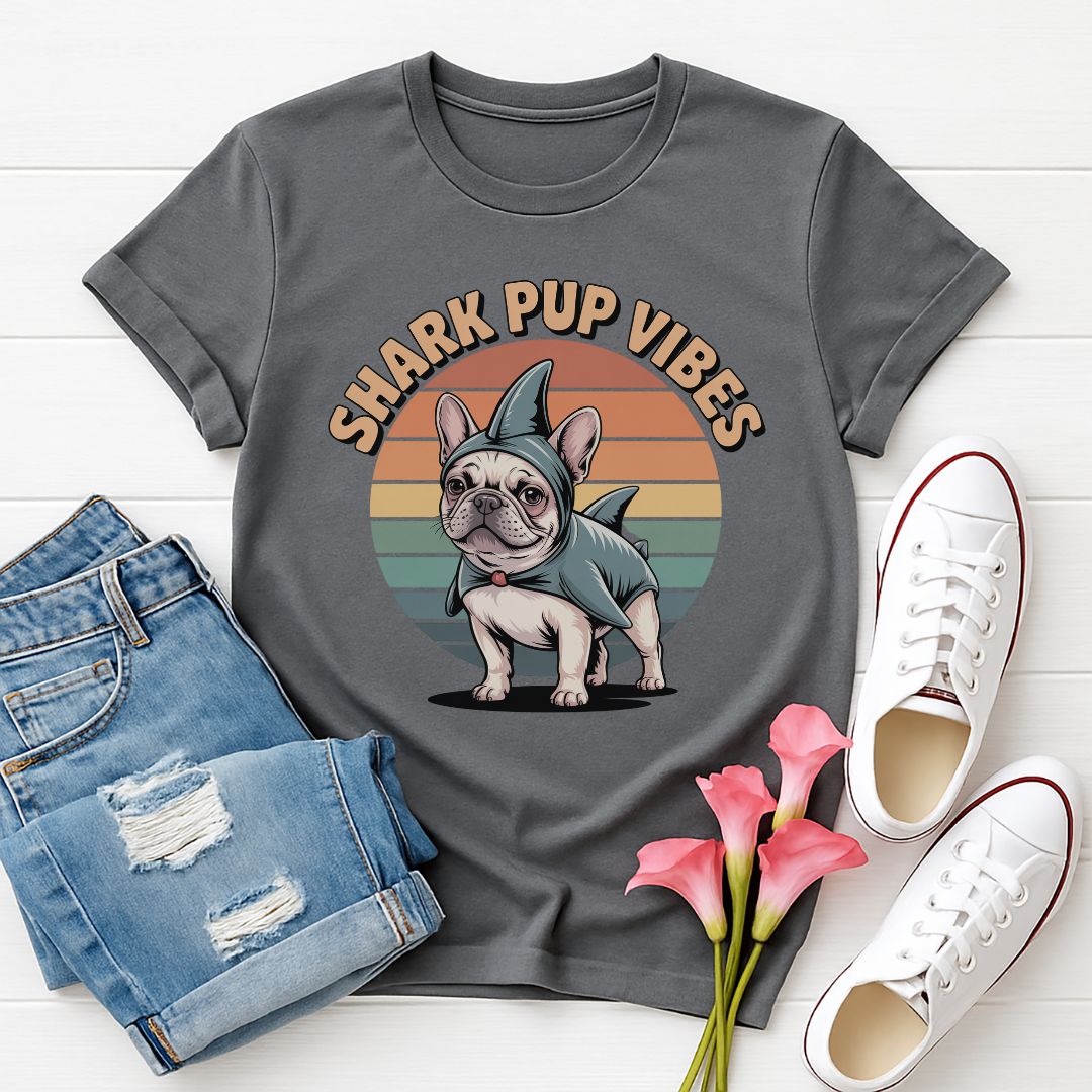 Charcoal Gray Gildan 6400 unisex t-shirt with retro dog graphic and ‘Shark Pup Vibes’ text, perfect for dog lovers.