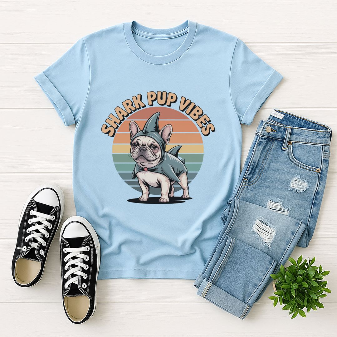 Light Blue Gildan 6400 unisex t-shirt with retro dog graphic and ‘Shark Pup Vibes’ text, perfect for dog lovers.