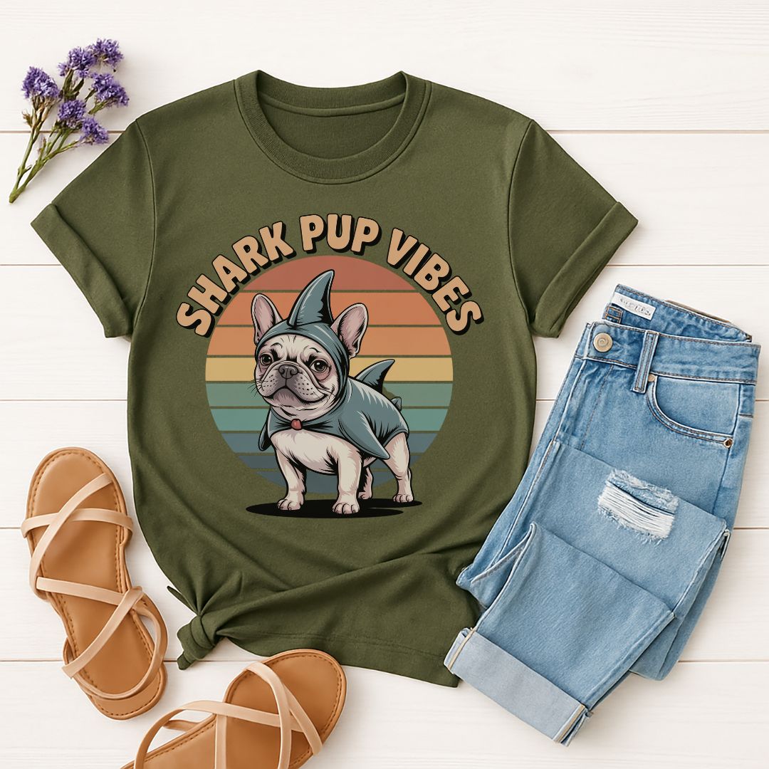 Military Green Gildan 6400 unisex t-shirt with retro dog graphic and ‘Shark Pup Vibes’ text, perfect for dog lovers.