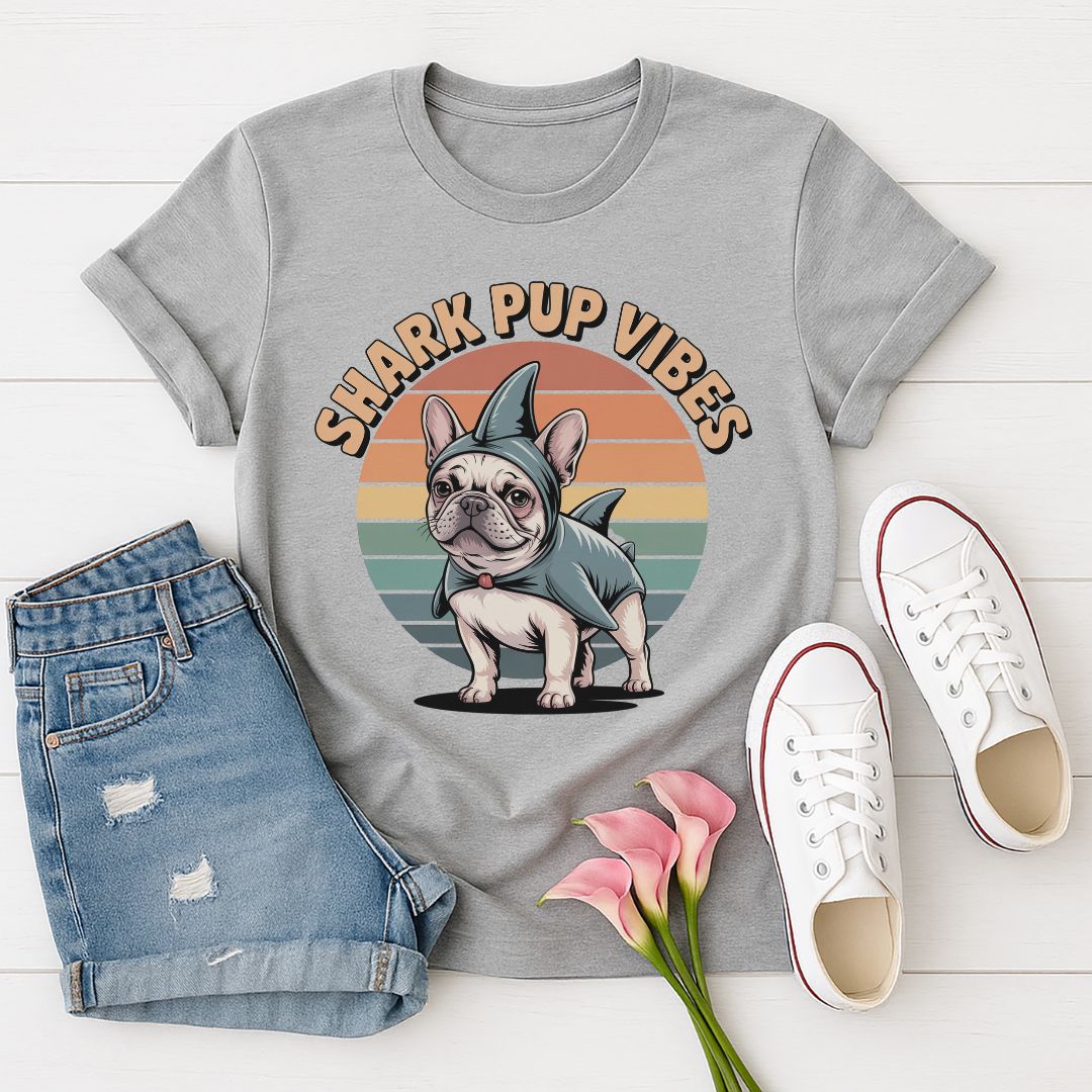 Sport Gray Gildan 6400 unisex t-shirt with retro dog graphic and ‘Shark Pup Vibes text, perfect for dog lovers.