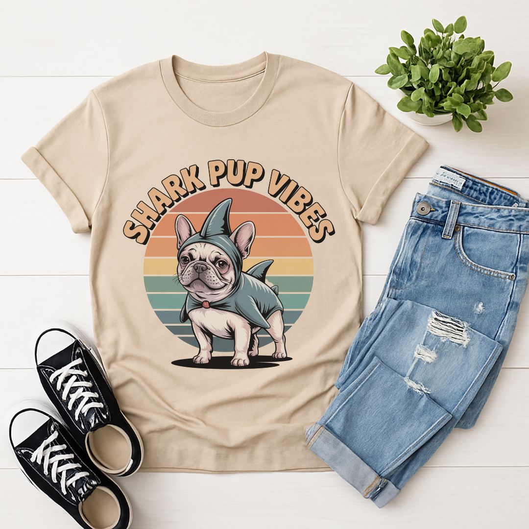 Sand Beige Gildan 6400 unisex t-shirt with retro dog graphic and ‘Shark Pup Vibes’ text, perfect for dog lovers.