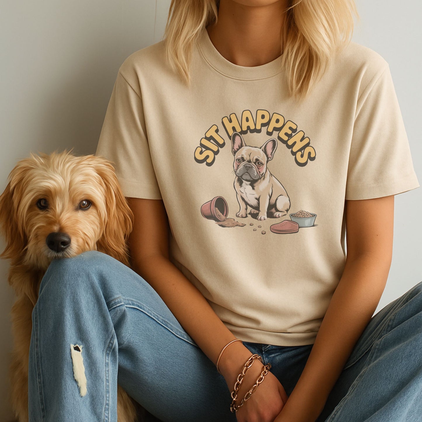 Unisex t-shirt with retro dog graphic and ‘Sit Happens text, perfect for dog lovers.