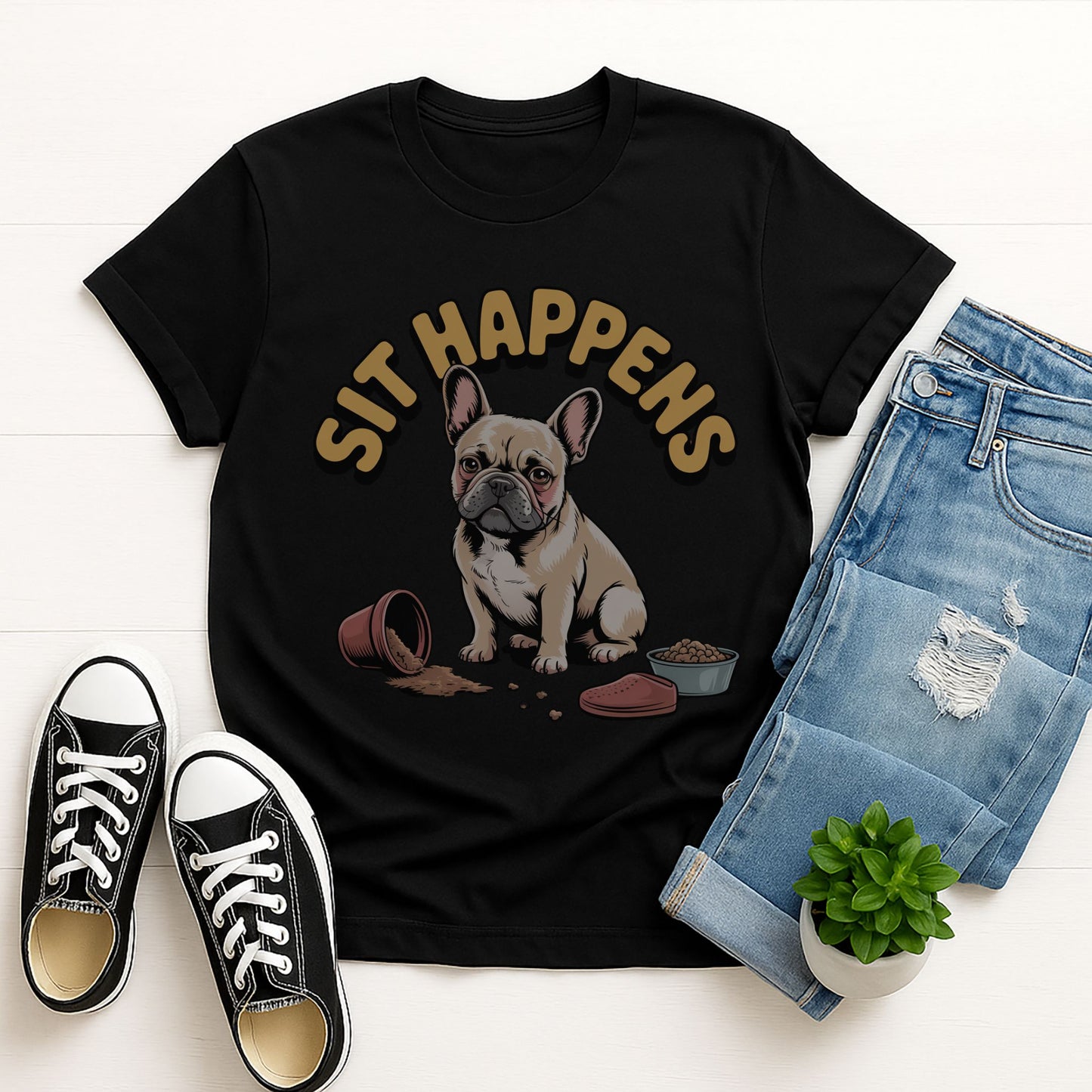 Black Gildan 6400 unisex t-shirt with retro dog graphic and ‘Sit Happens text, perfect for dog lovers.