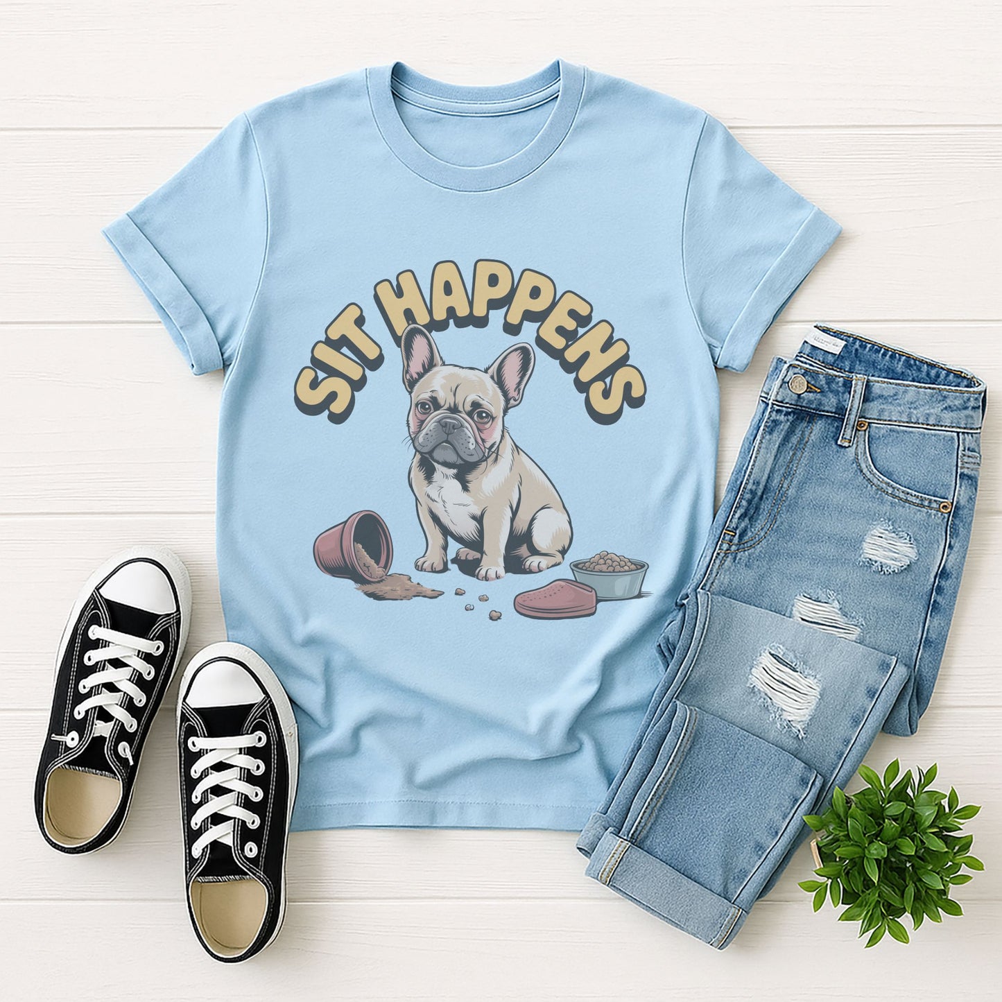 Light blue Gildan 6400 unisex t-shirt with retro dog graphic and ‘Sit Happens text, perfect for dog lovers.