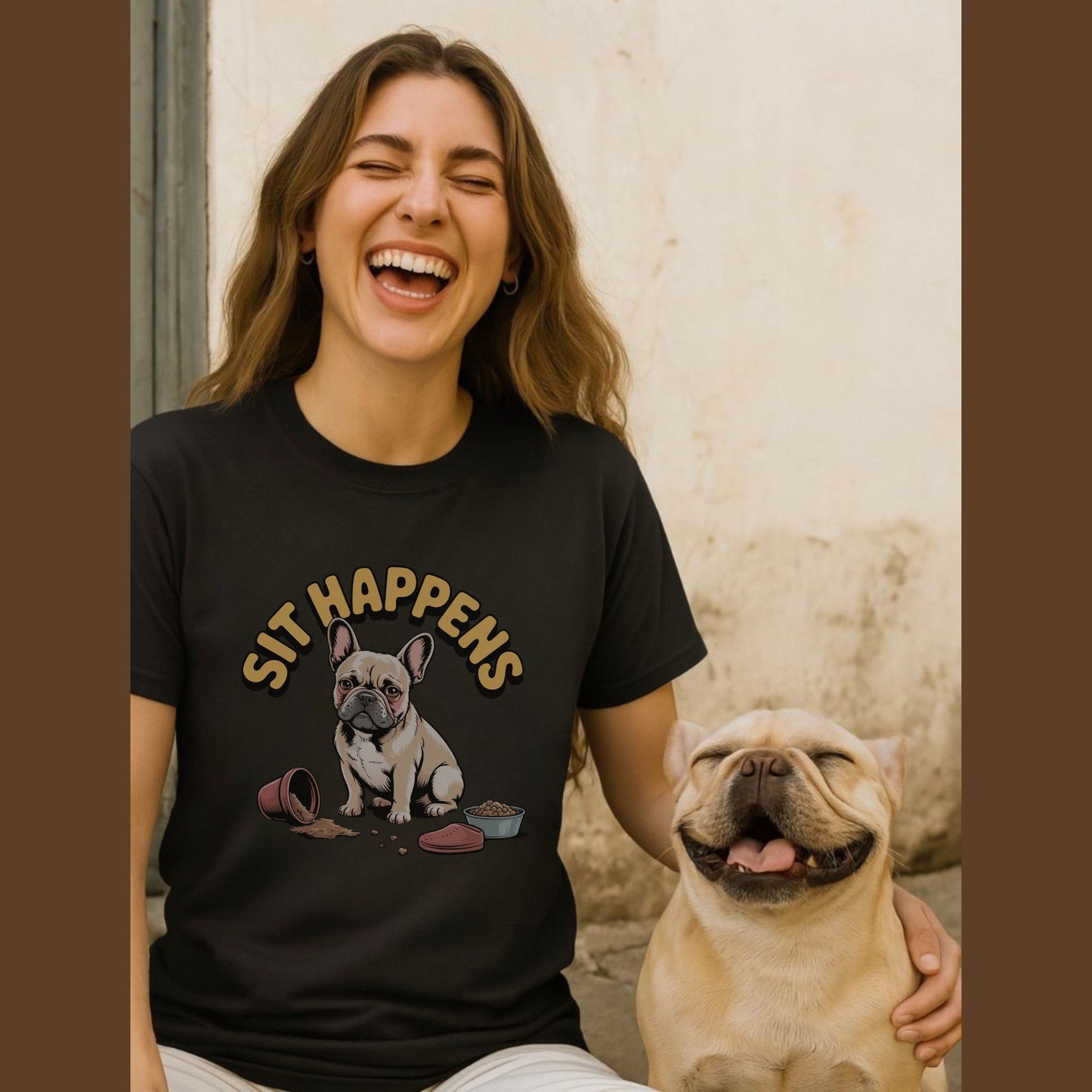 Black unisex t-shirt with retro dog graphic and ‘Sit Happens text, perfect for dog lovers.