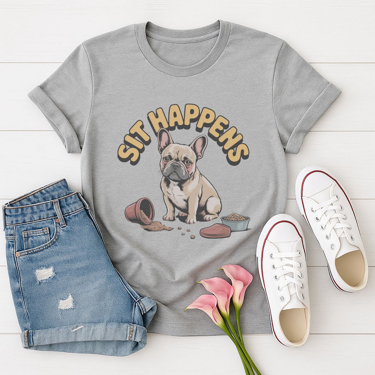 Sport Gray Gildan 6400 unisex t-shirt with retro dog graphic and ‘Sit Happens text, perfect for dog lovers.